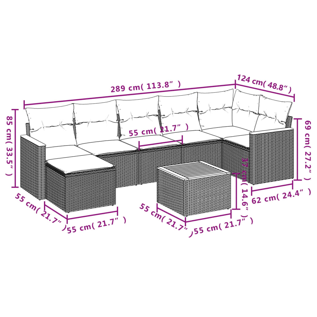 8 Pcs conjunto sofás de jardim com almofadões vime PE preto