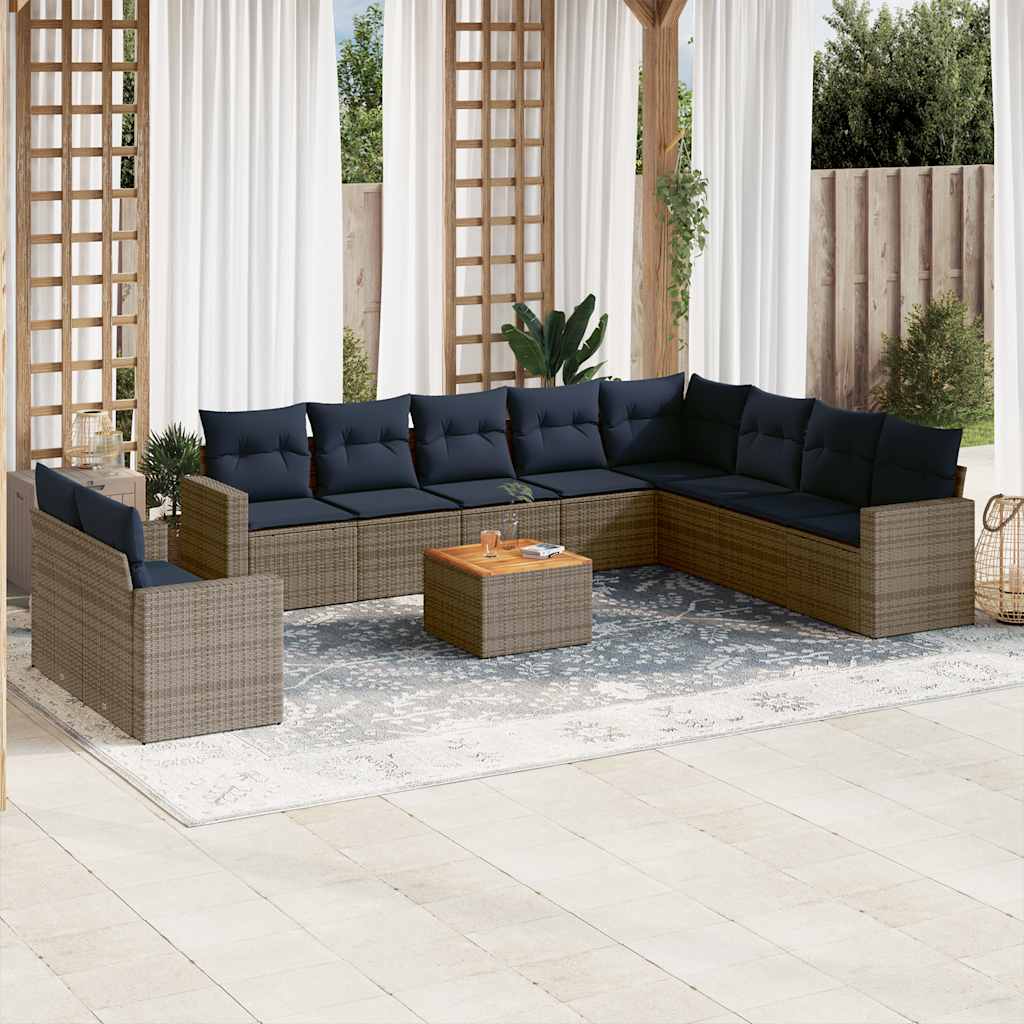 11 Pcs conjunto sofás de jardim c/ almofadões vime PE cinzento