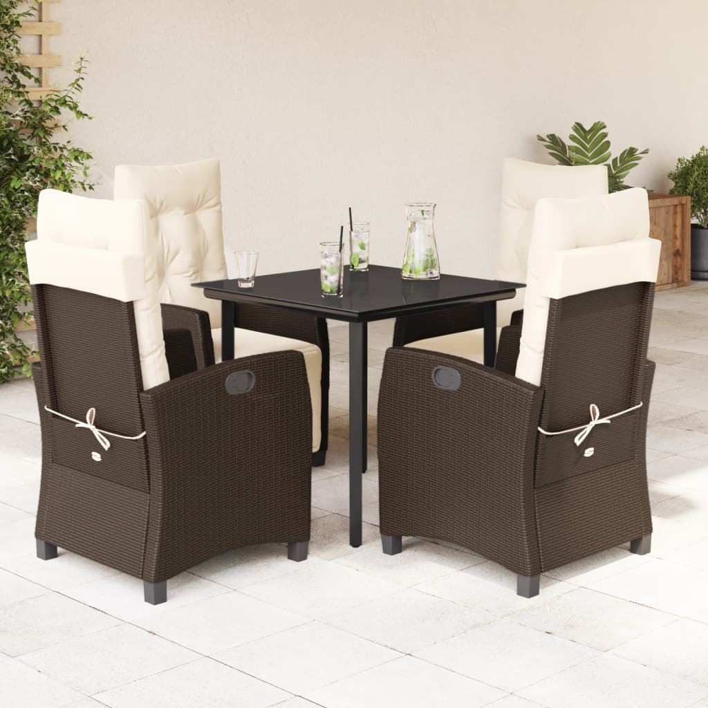 5 Pcs conjunto jantar p/ jardim c/ almofadões vime PE castanho