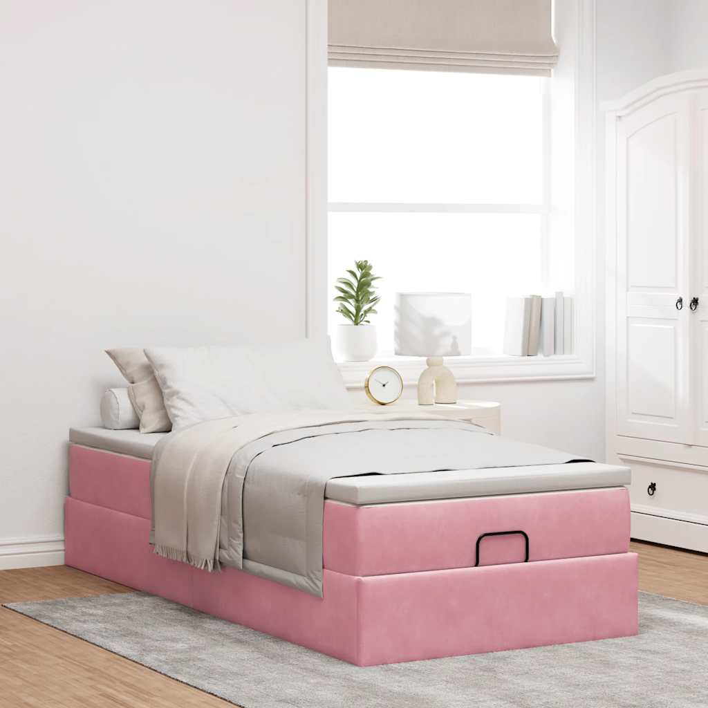 Moldura de cama otomana com colchão rosa 100x200cm veludo