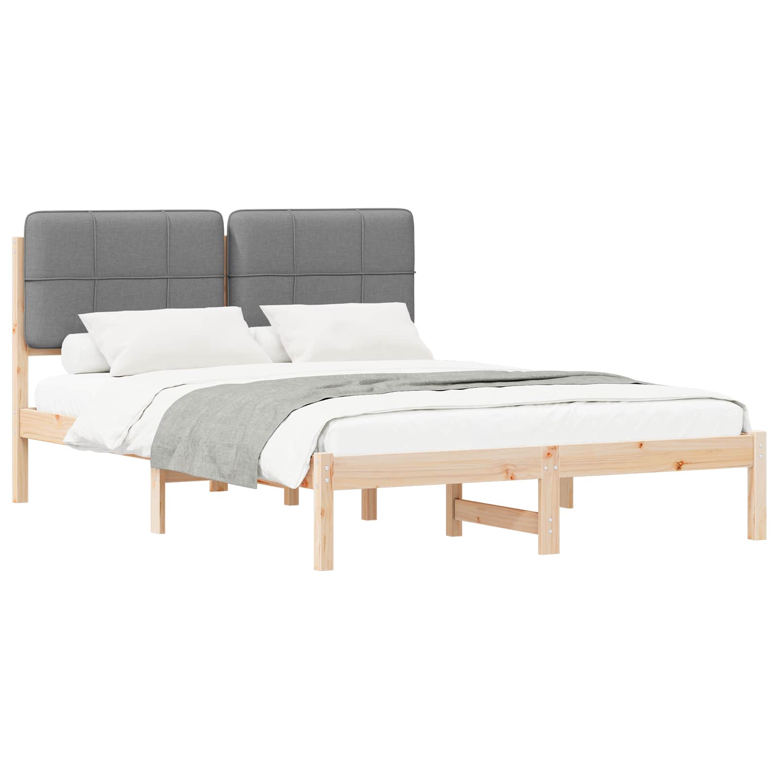 Estrutura de cama com cabeceira estofada cinzento-claro