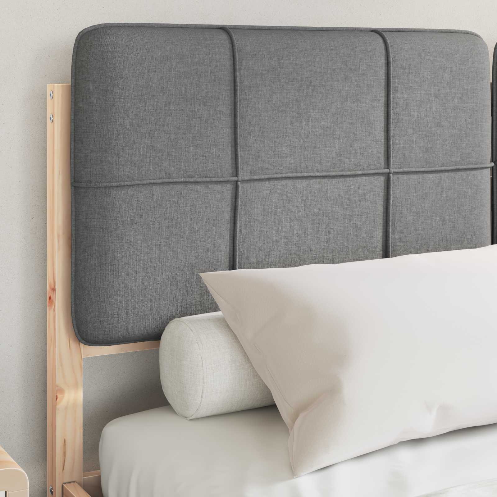 Estrutura de cama com cabeceira estofada cinzento-claro