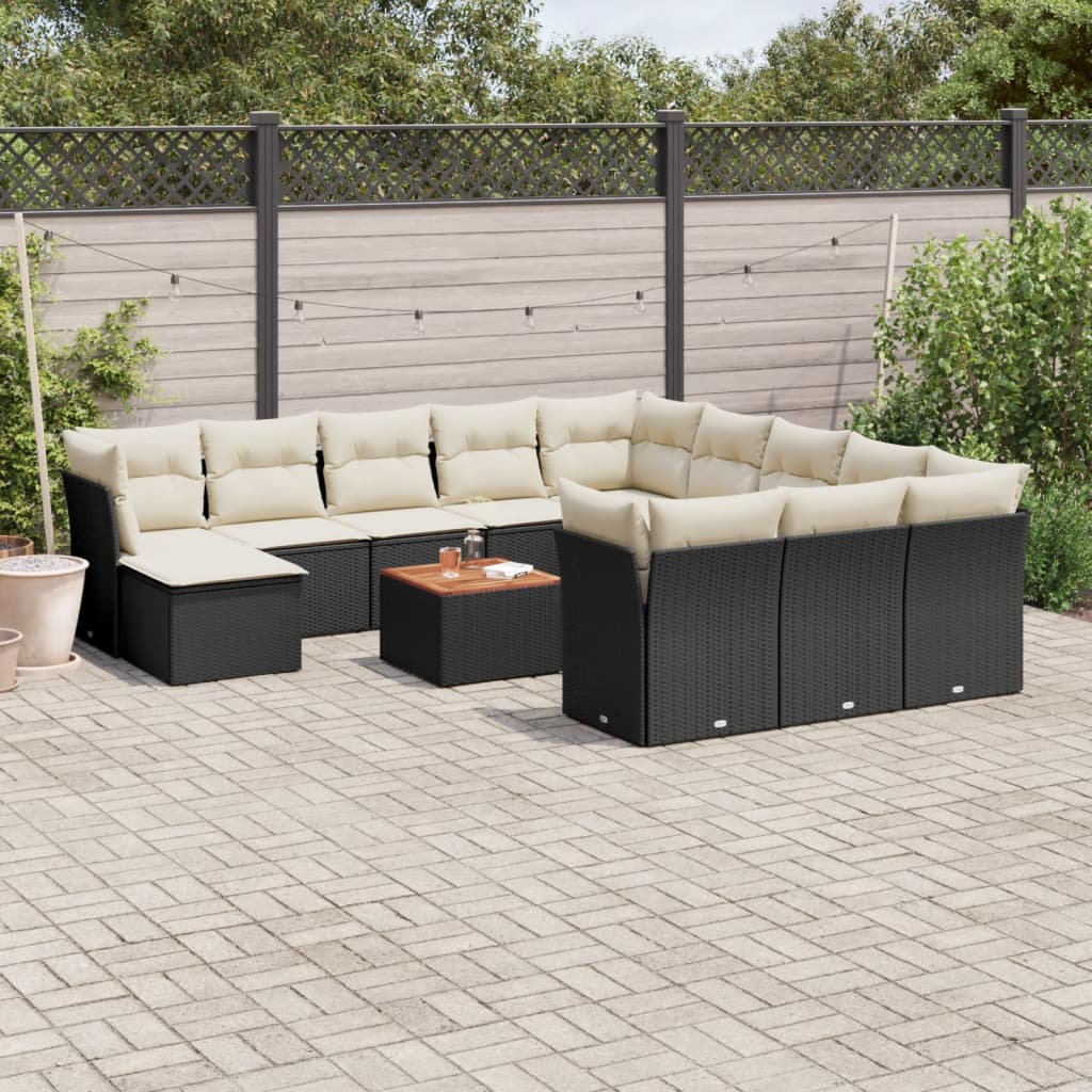 13 Pcs conjunto de sofás de jardim com almofadões vime PE preto
