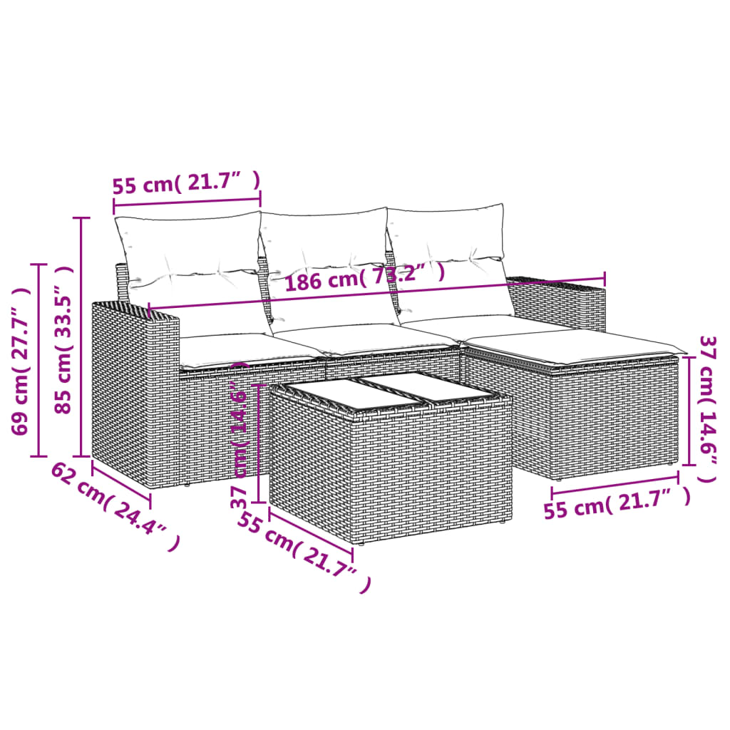 5 Pcs conjunto de sofás p/ jardim com almofadões vime PE bege