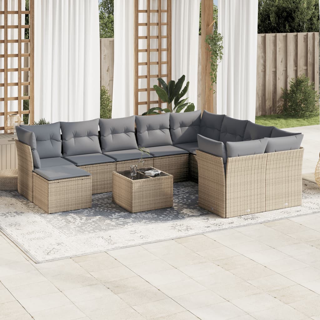 11 Pcs conjunto sofás de jardim c/ almofadões vime PE bege