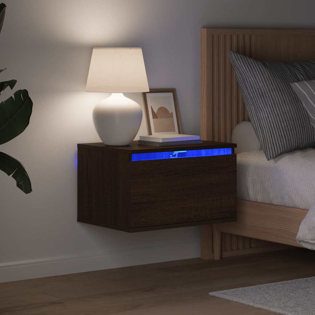 Mesa de cabeceira de parede com luzes LED carvalho castanho