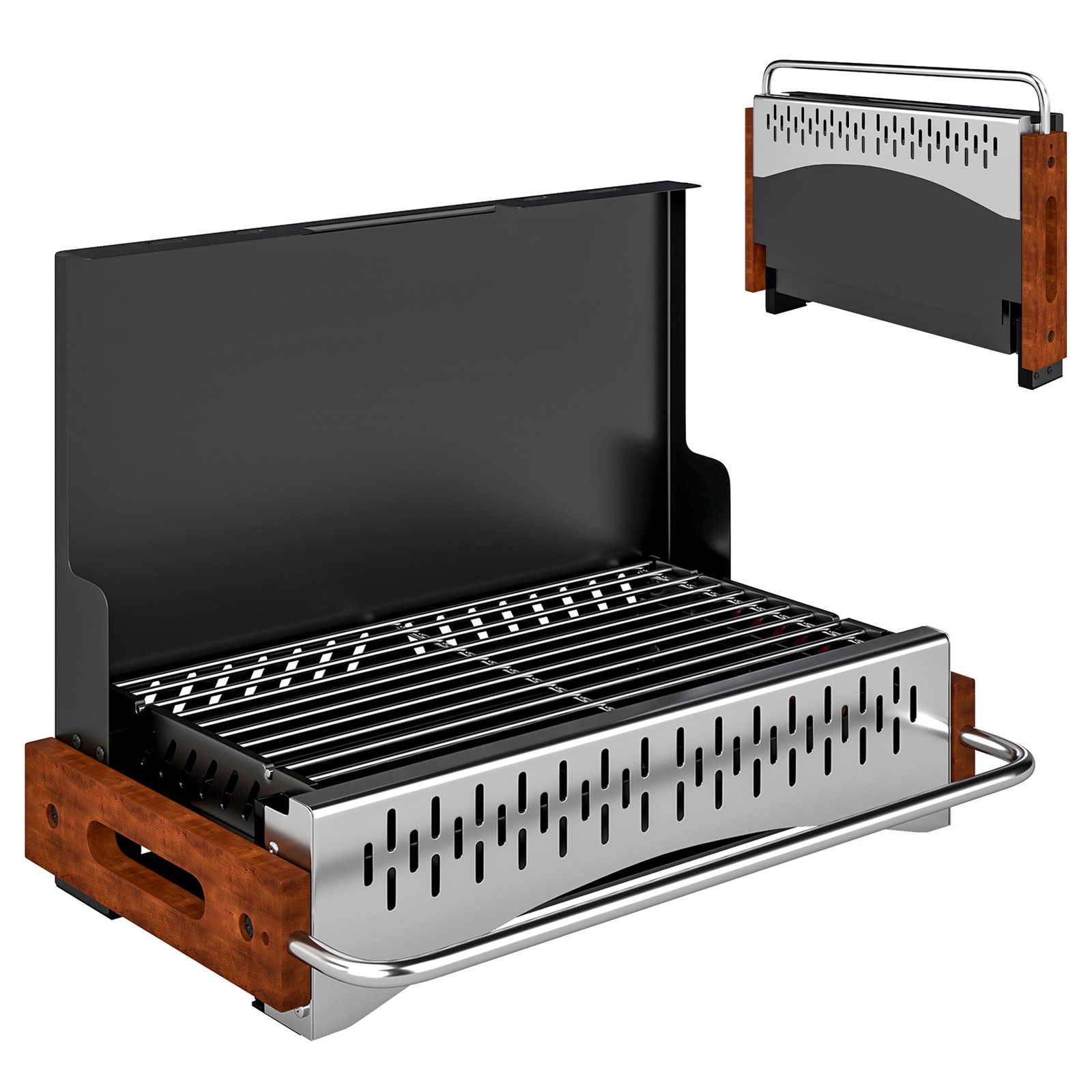 Barbecue a carvão dobrável portátil 50,5x34x33 cm com bandeja de carvão removível para camping, piqueniques, preto