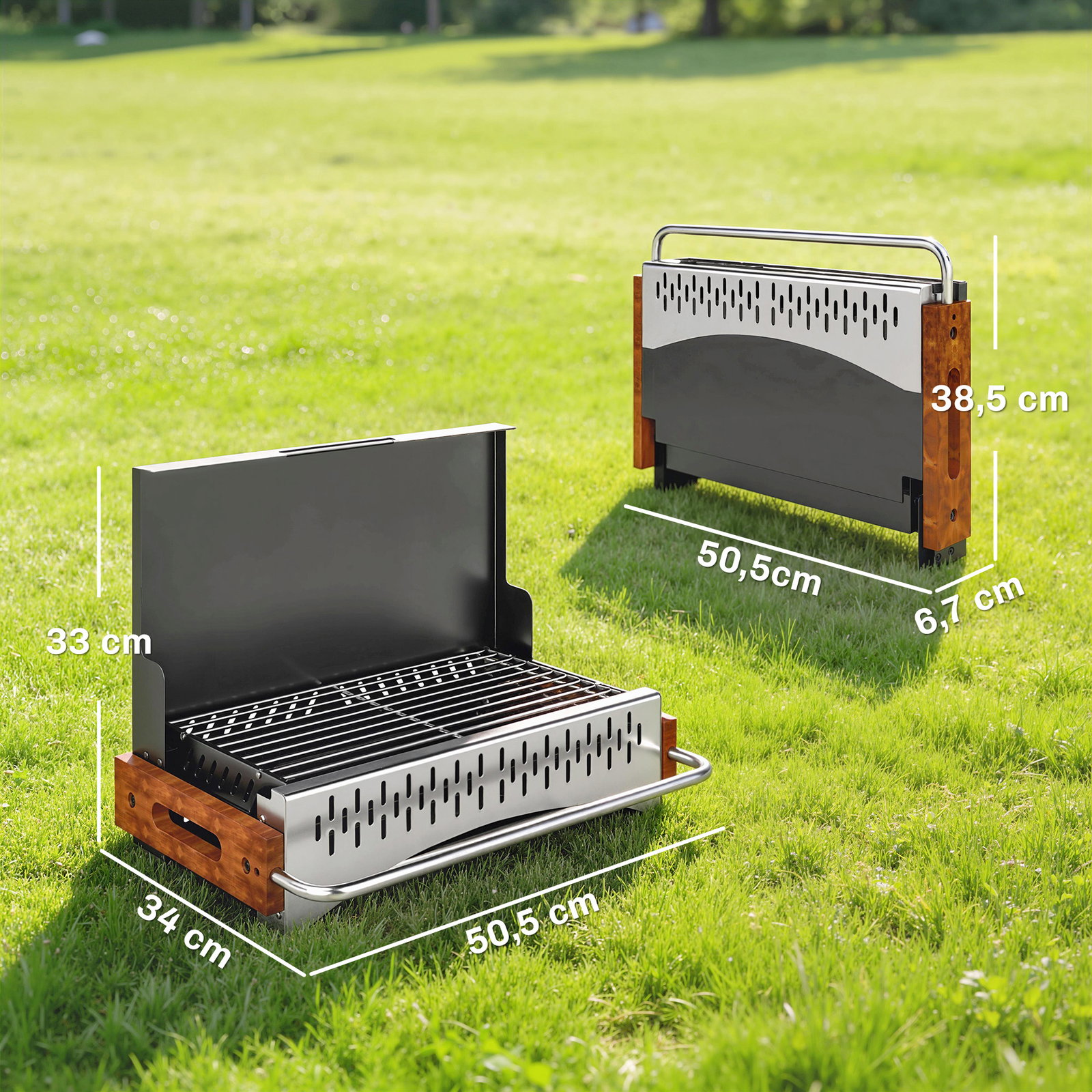 Barbecue a carvão dobrável portátil 50,5x34x33 cm com bandeja de carvão removível para camping, piqueniques, preto