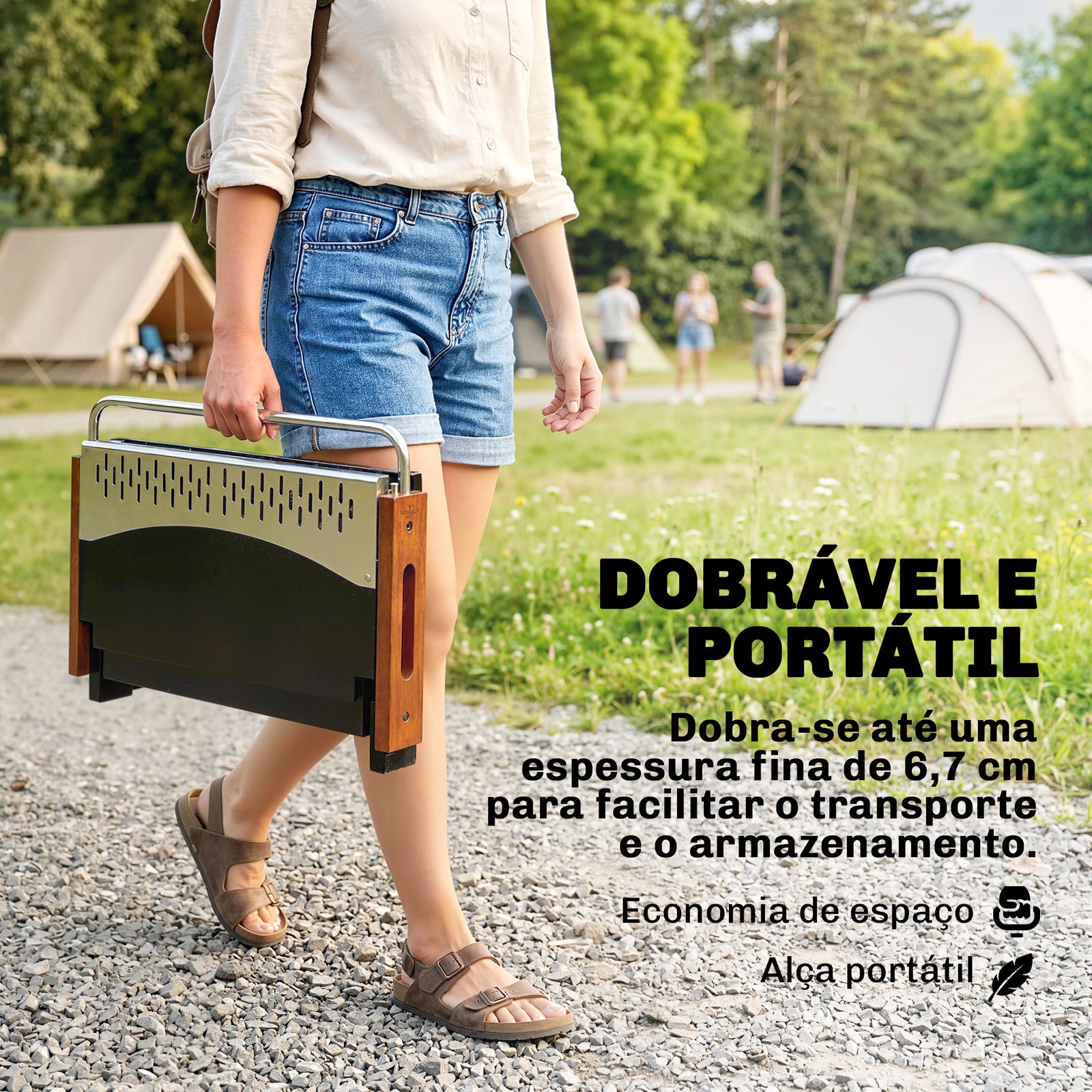 Barbecue a carvão dobrável portátil 50,5x34x33 cm com bandeja de carvão removível para camping, piqueniques, preto