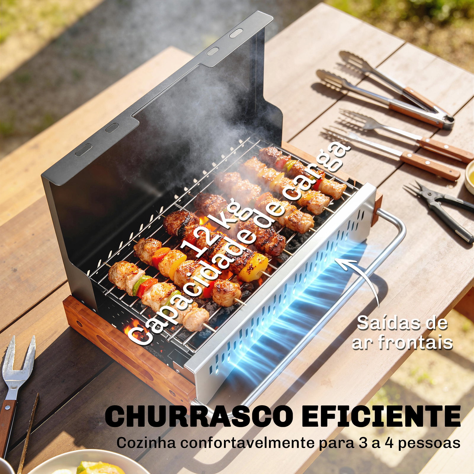 Barbecue a carvão dobrável portátil 50,5x34x33 cm com bandeja de carvão removível para camping, piqueniques, preto