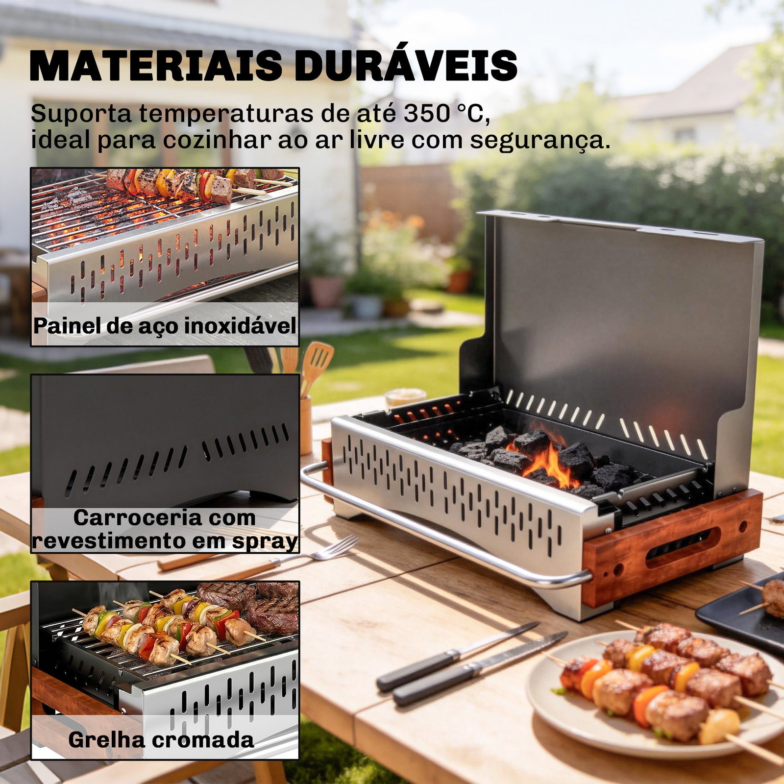 Barbecue a carvão dobrável portátil 50,5x34x33 cm com bandeja de carvão removível para camping, piqueniques, preto