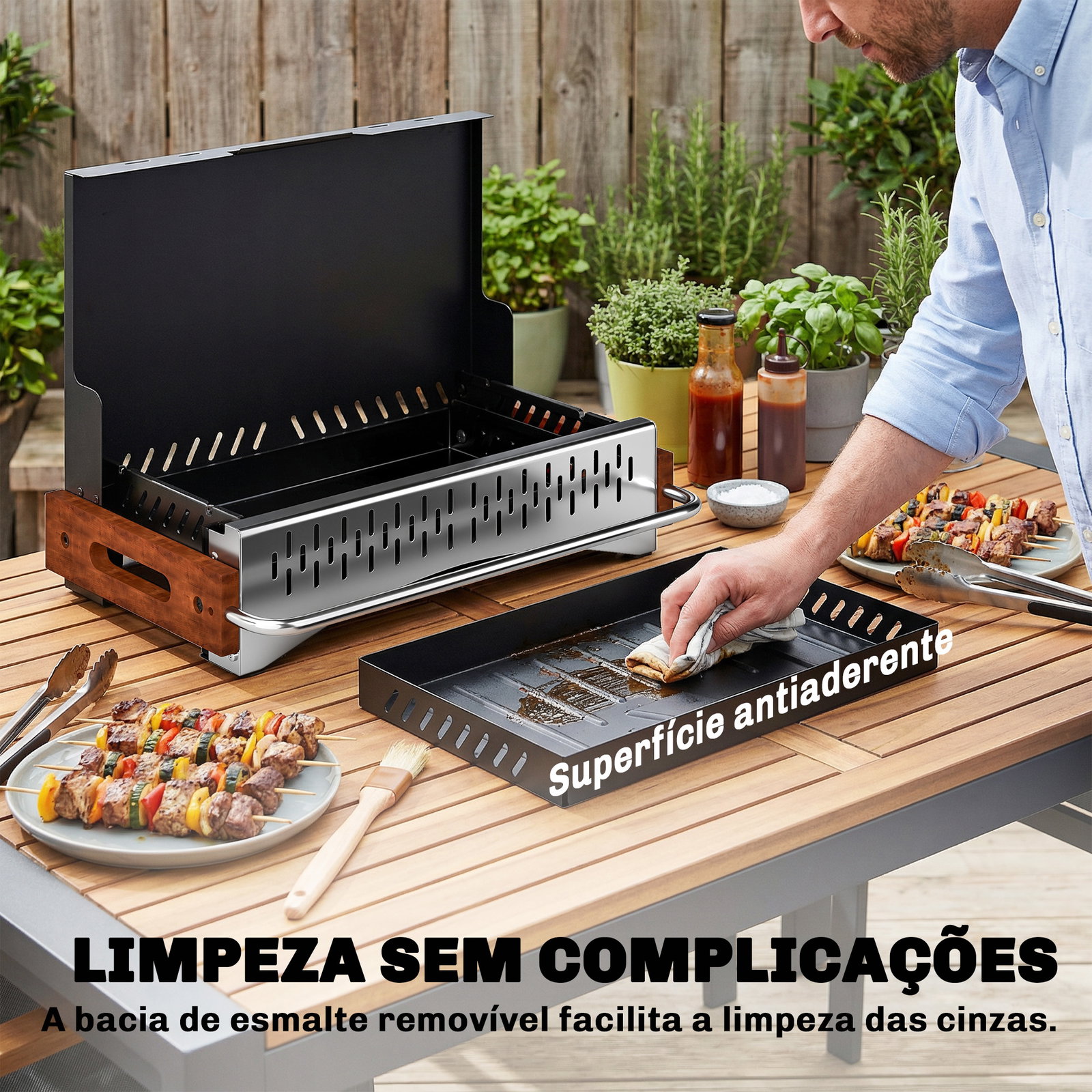 Barbecue a carvão dobrável portátil 50,5x34x33 cm com bandeja de carvão removível para camping, piqueniques, preto