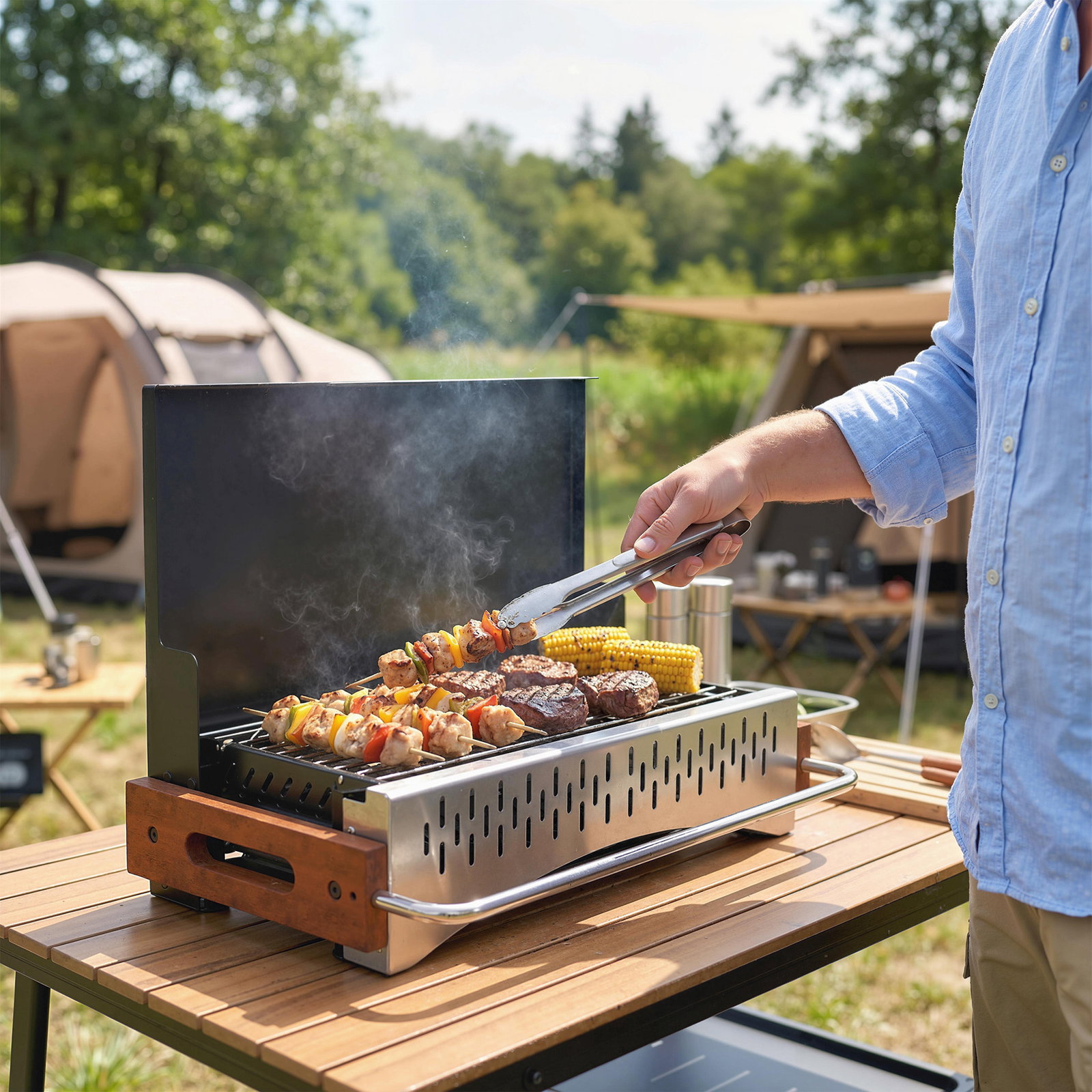 Barbecue a carvão dobrável portátil 50,5x34x33 cm com bandeja de carvão removível para camping, piqueniques, preto
