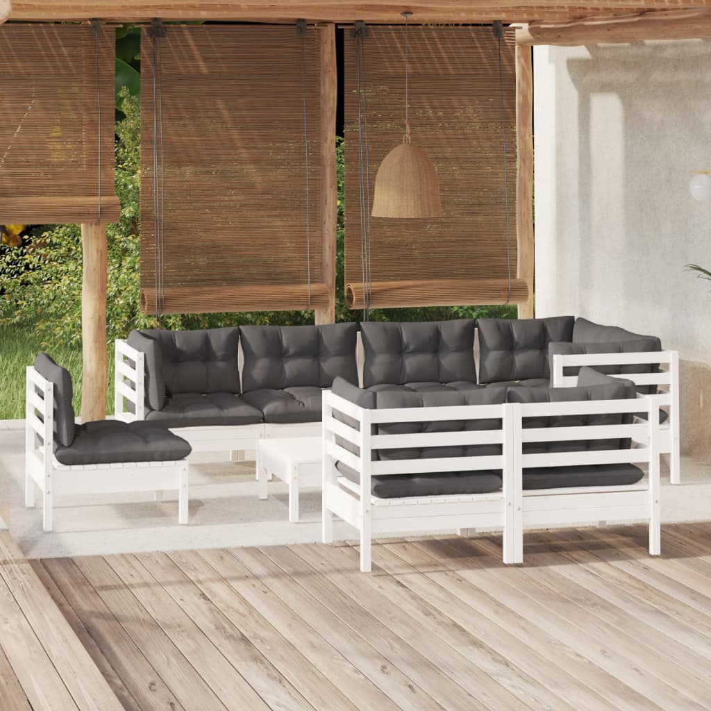 9 Pcs conj. lounge de jardim c/ almofadões pinho maciço branco