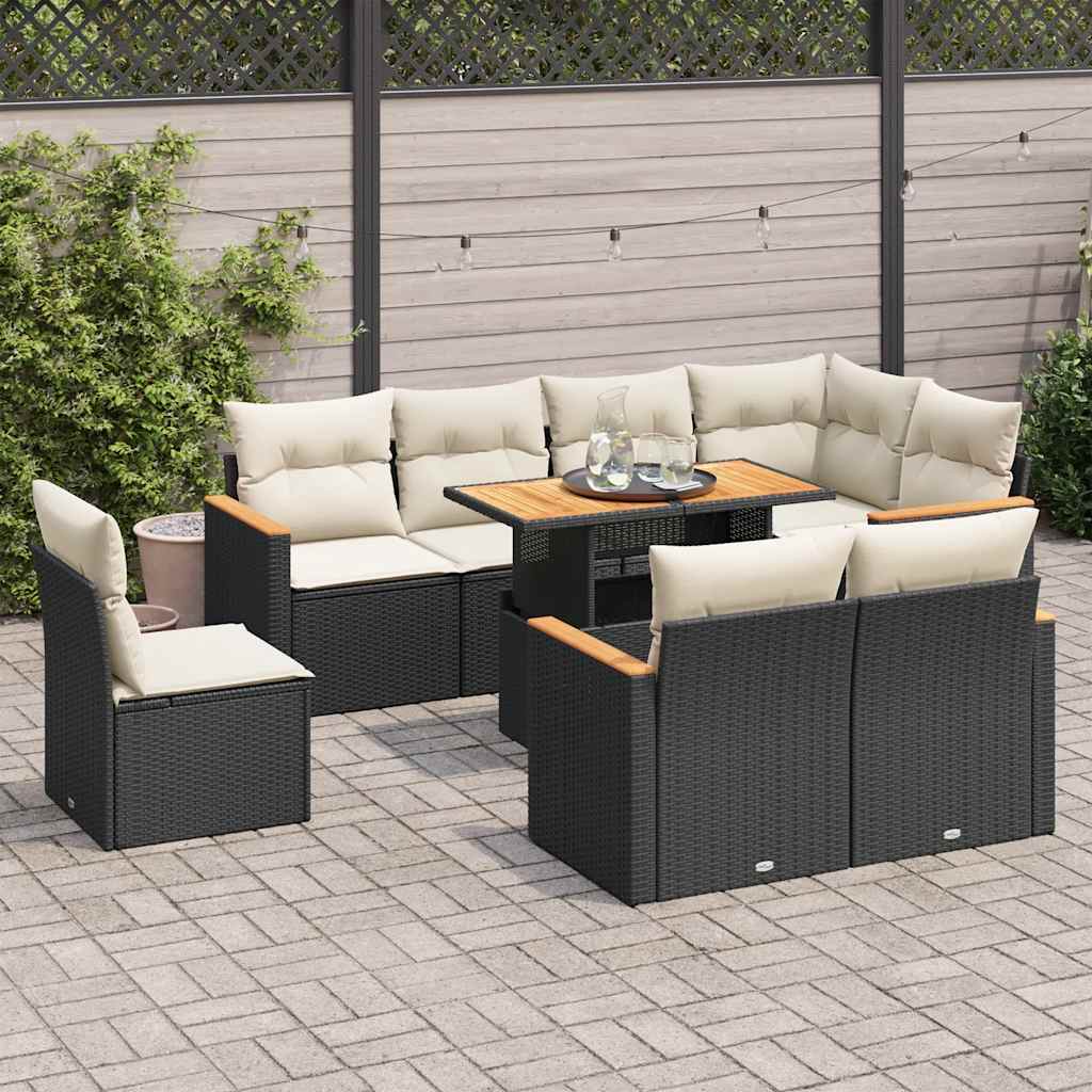 9 Pcs conjunto sofás p/ jardim almofadões vime PE/acácia preto