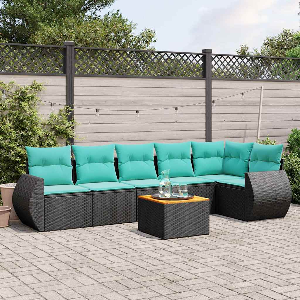 Conjunto de sofá de jardim com 7 peças e almofadas em rattan sintético preto