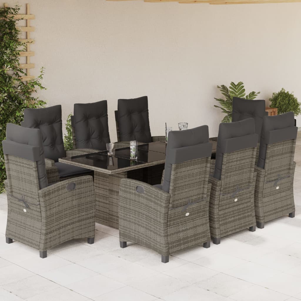 9 Pcs conjunto de jantar p/ jardim c/ almofadões vime PE cinza