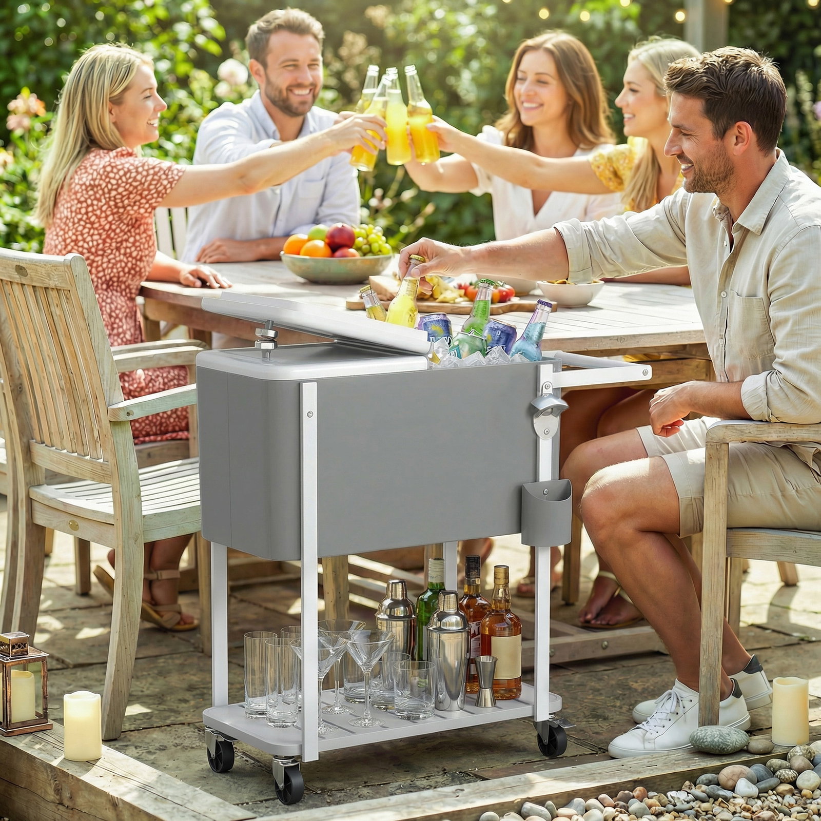Carro térmico de 56l com rodas prateleira abre-garrafas coletor de tampas dreno e pega para jardim festas 84x38x83 cm cinzento