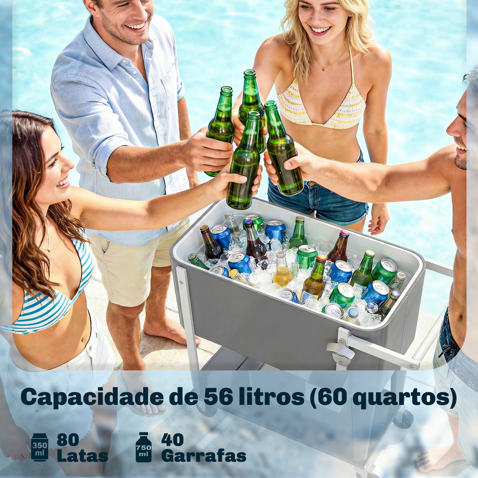 Carro térmico de 56l com rodas prateleira abre-garrafas coletor de tampas dreno e pega para jardim festas 84x38x83 cm cinzento