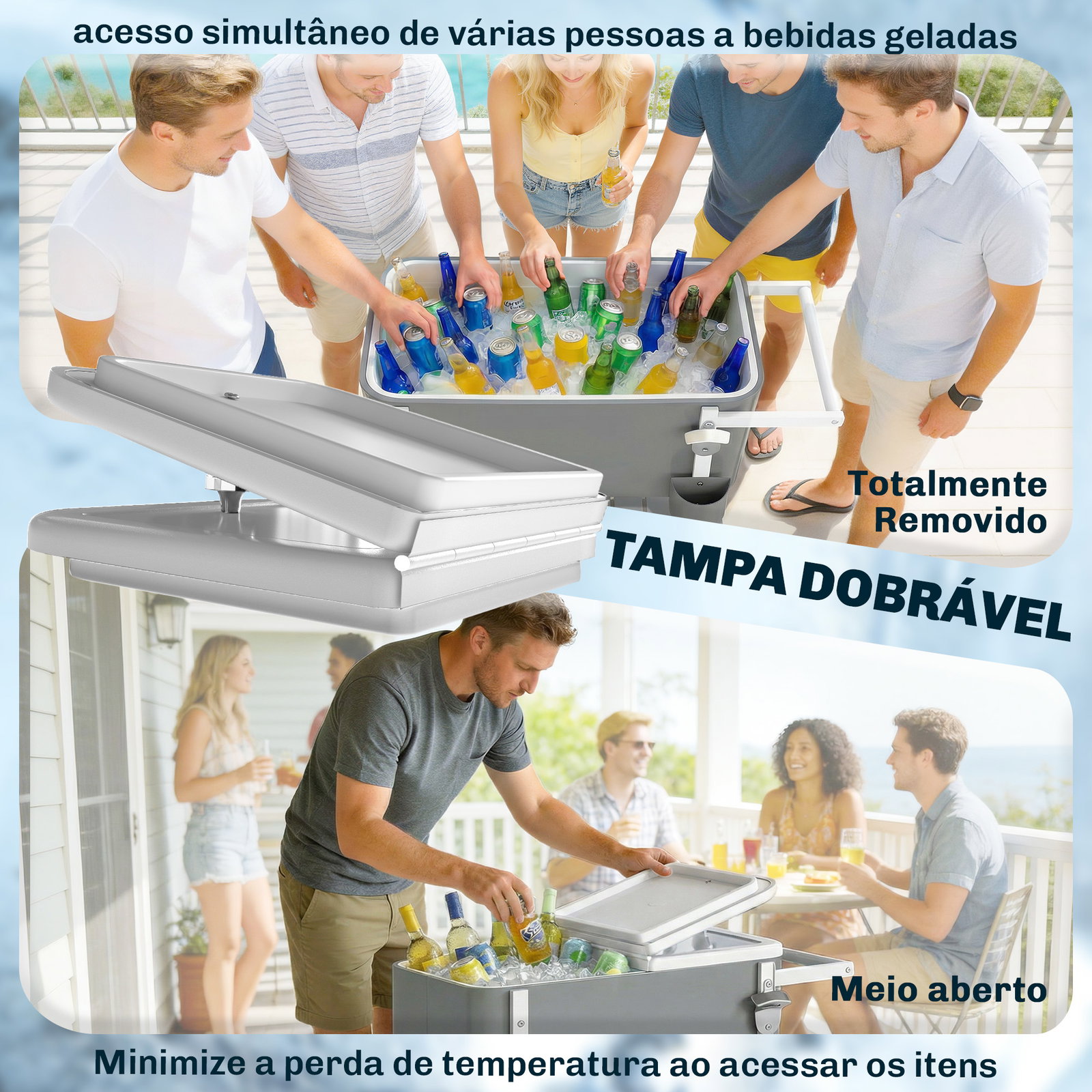 Carro térmico de 56l com rodas prateleira abre-garrafas coletor de tampas dreno e pega para jardim festas 84x38x83 cm cinzento