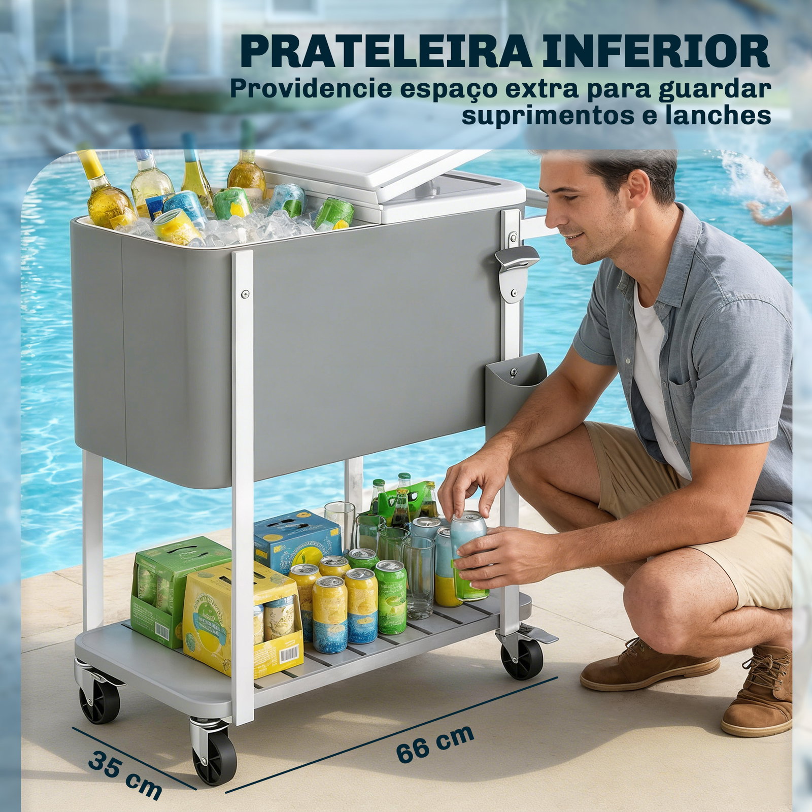 Carro térmico de 56l com rodas prateleira abre-garrafas coletor de tampas dreno e pega para jardim festas 84x38x83 cm cinzento