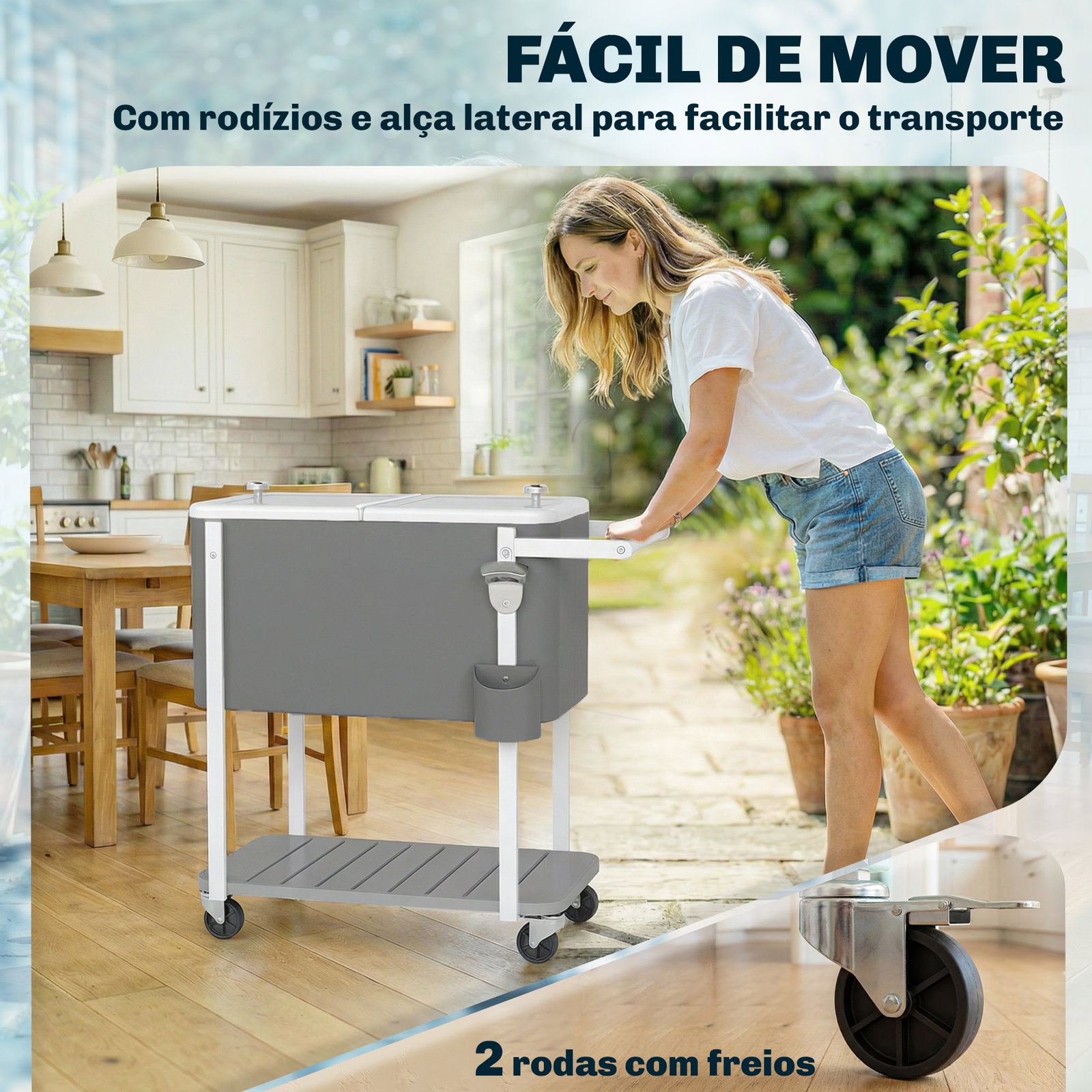 Carro térmico de 56l com rodas prateleira abre-garrafas coletor de tampas dreno e pega para jardim festas 84x38x83 cm cinzento