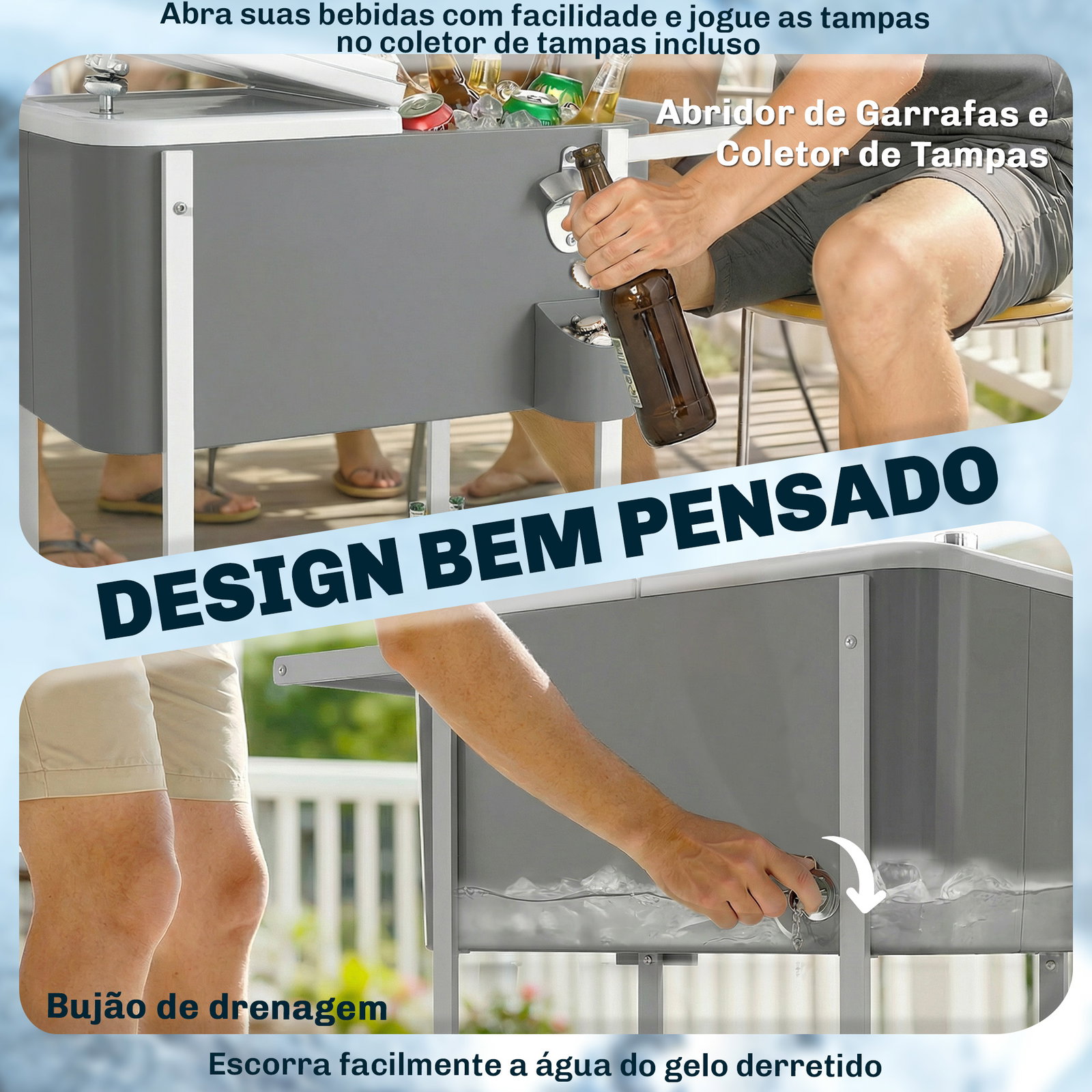 Carro térmico de 56l com rodas prateleira abre-garrafas coletor de tampas dreno e pega para jardim festas 84x38x83 cm cinzento