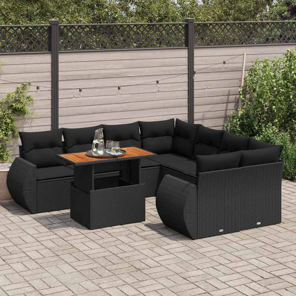 9 Pcs conjunto de sofás p/ jardim c/ almofadões vime PE preto