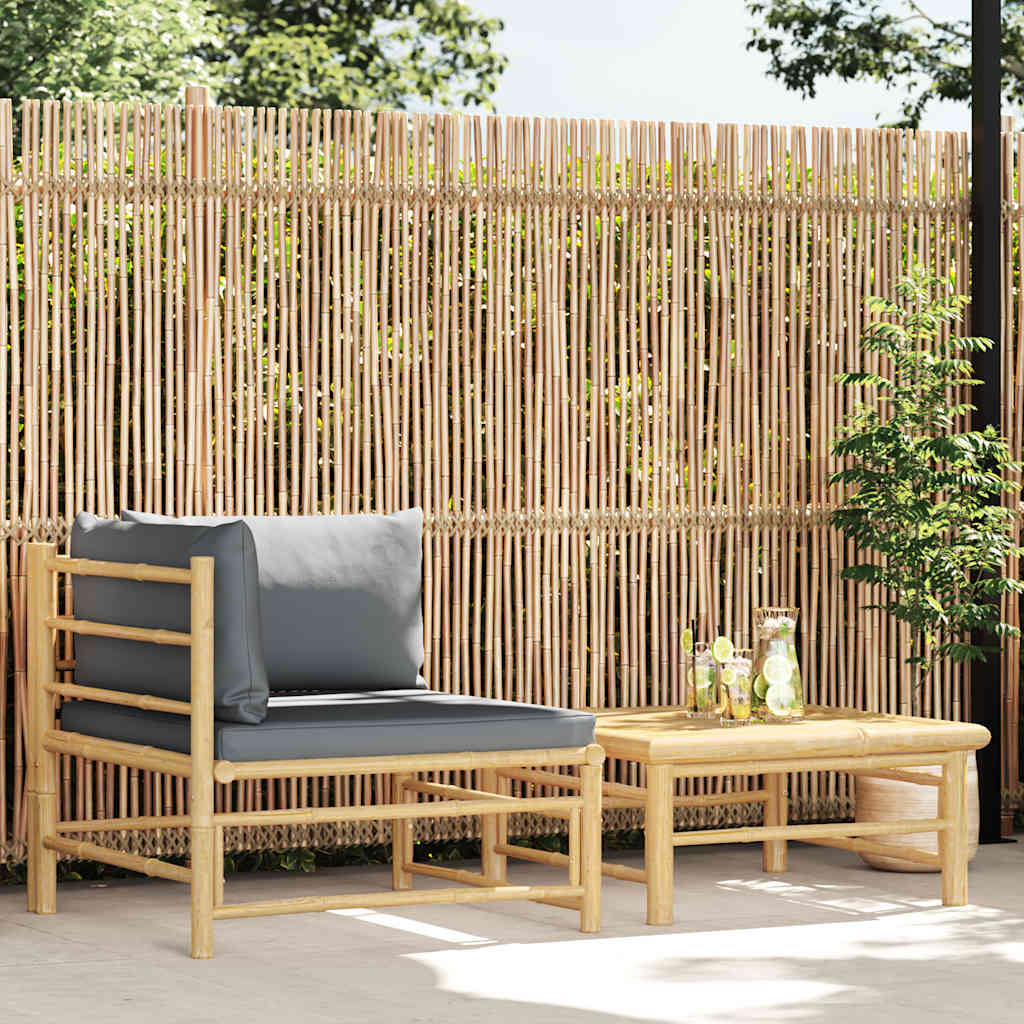 2 Pcs conj. lounge jardim em bambu c/ almofadões cinza-escuro