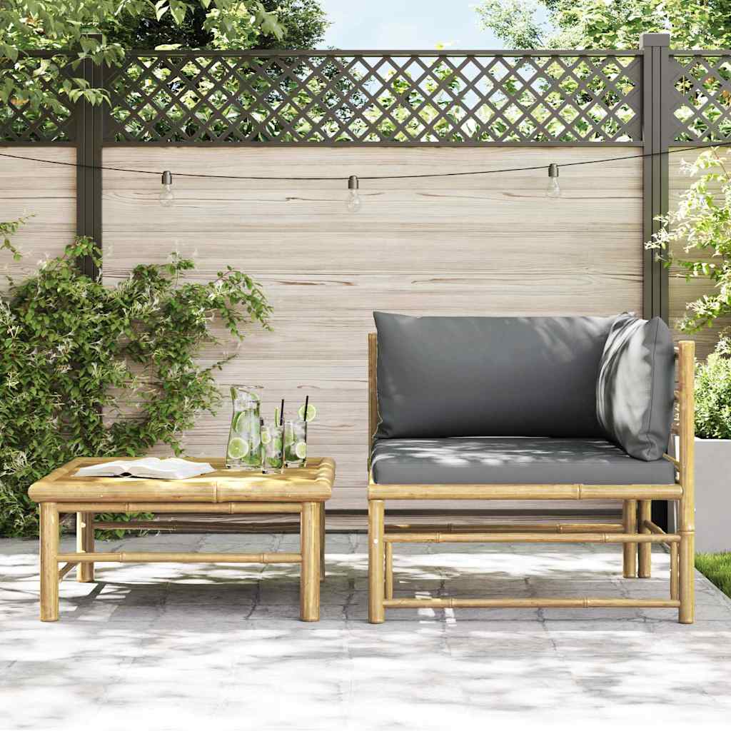 2 Pcs conj. lounge jardim em bambu c/ almofadões cinza-escuro