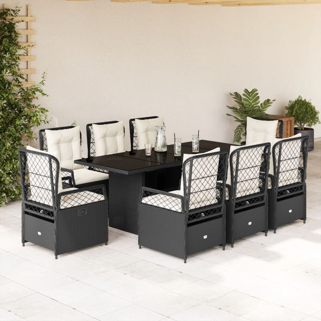 9 Pcs conjunto de jantar p/ jardim c/ almofadões vime PE preto