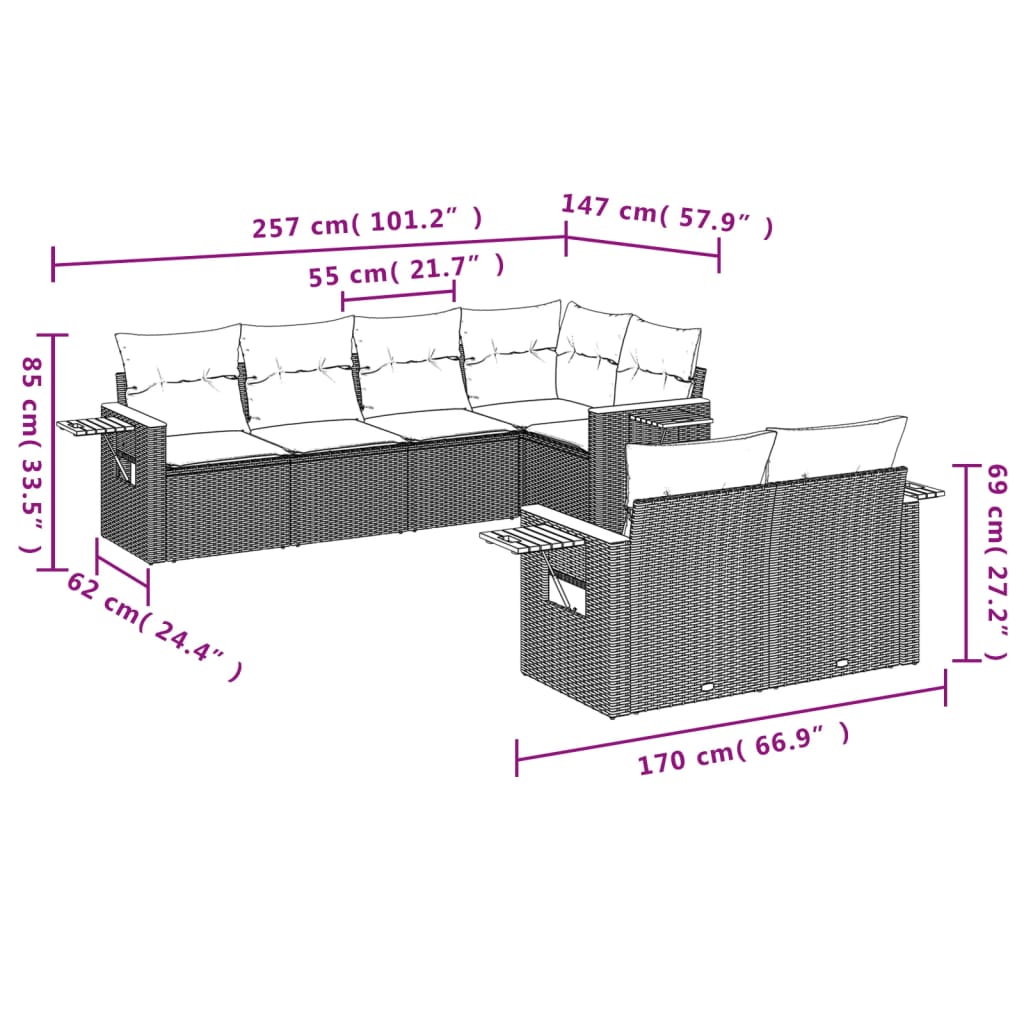 7 Pcs conjunto de sofás p/ jardim c/ almofadões vime PE preto