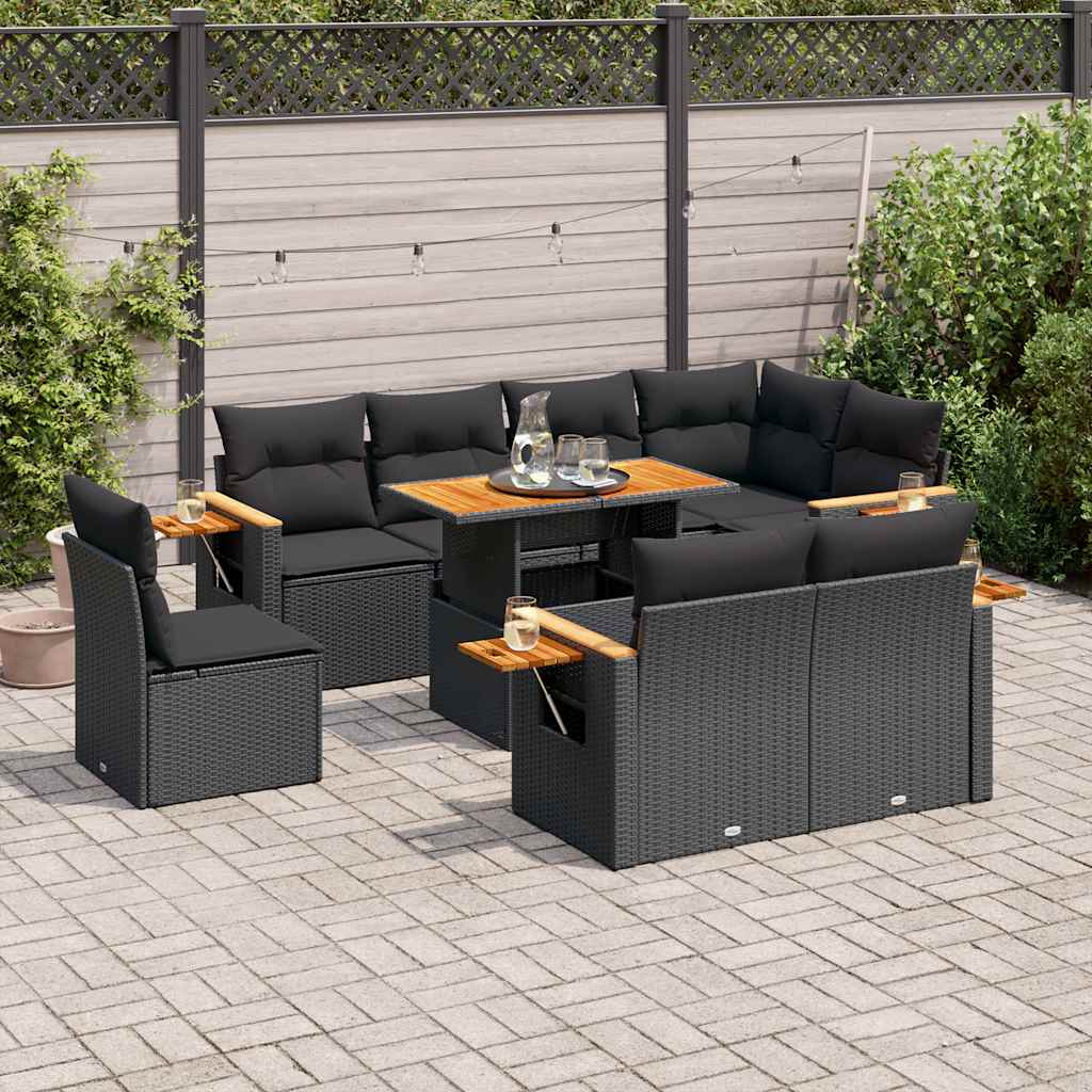 9 Pcs conjunto sofás p/ jardim almofadões vime PE/acácia preto
