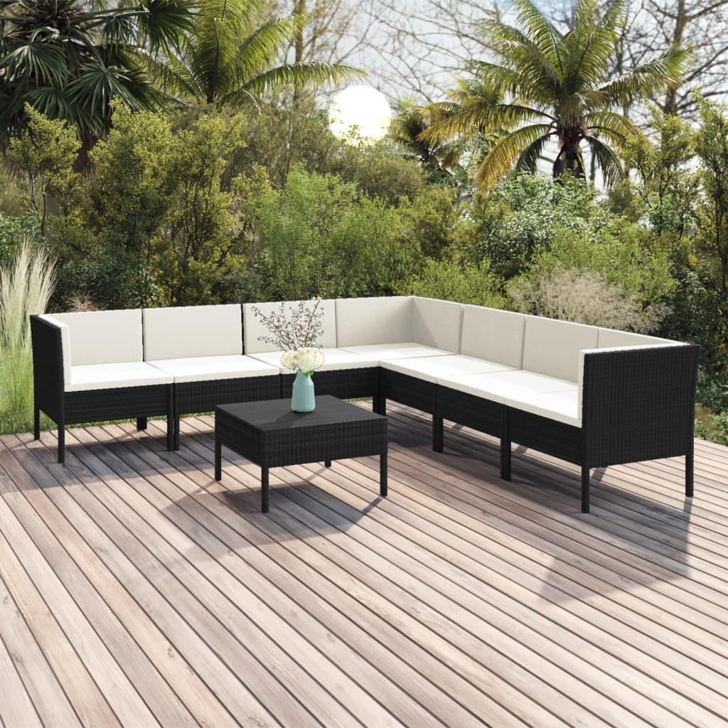 8 Pcs conjunto lounge de jardim c/ almofadões vime PE preto