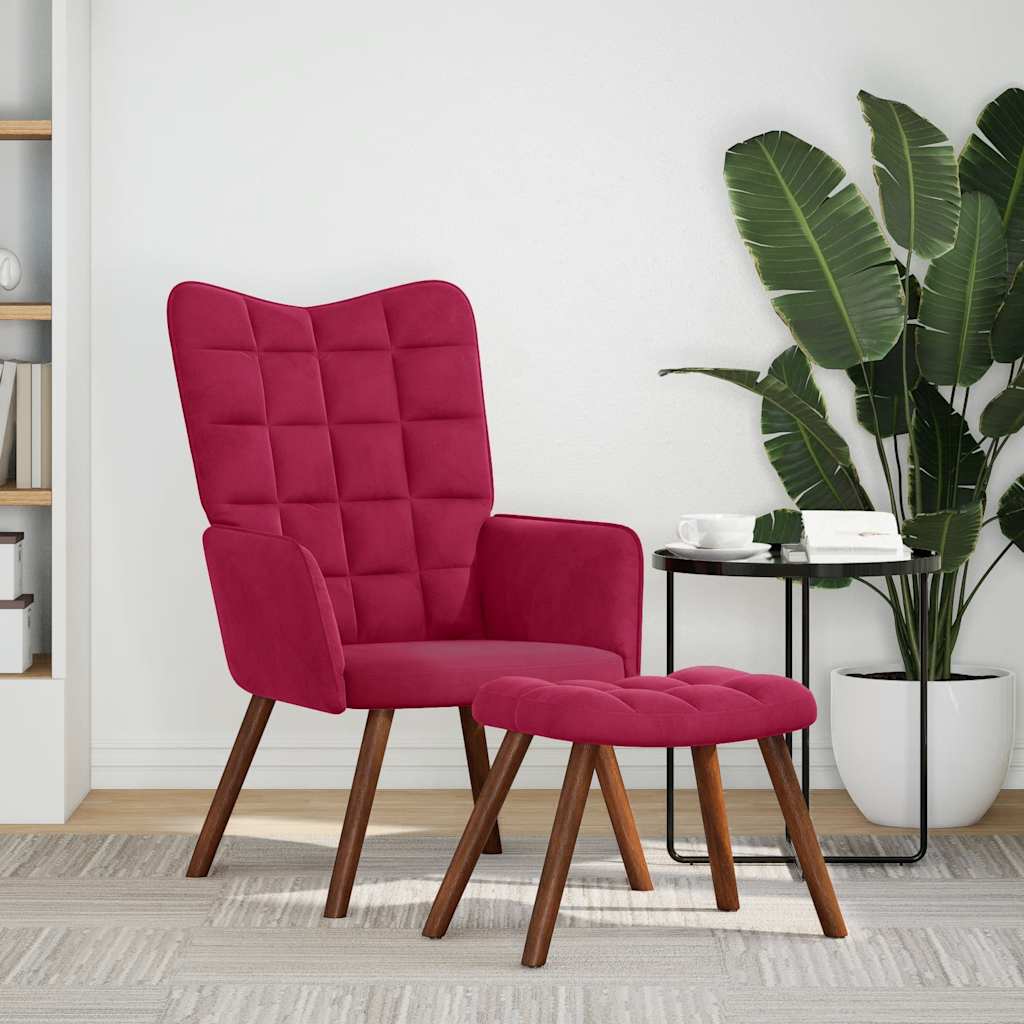 Cadeira de descanso com banco veludo vermelho tinto