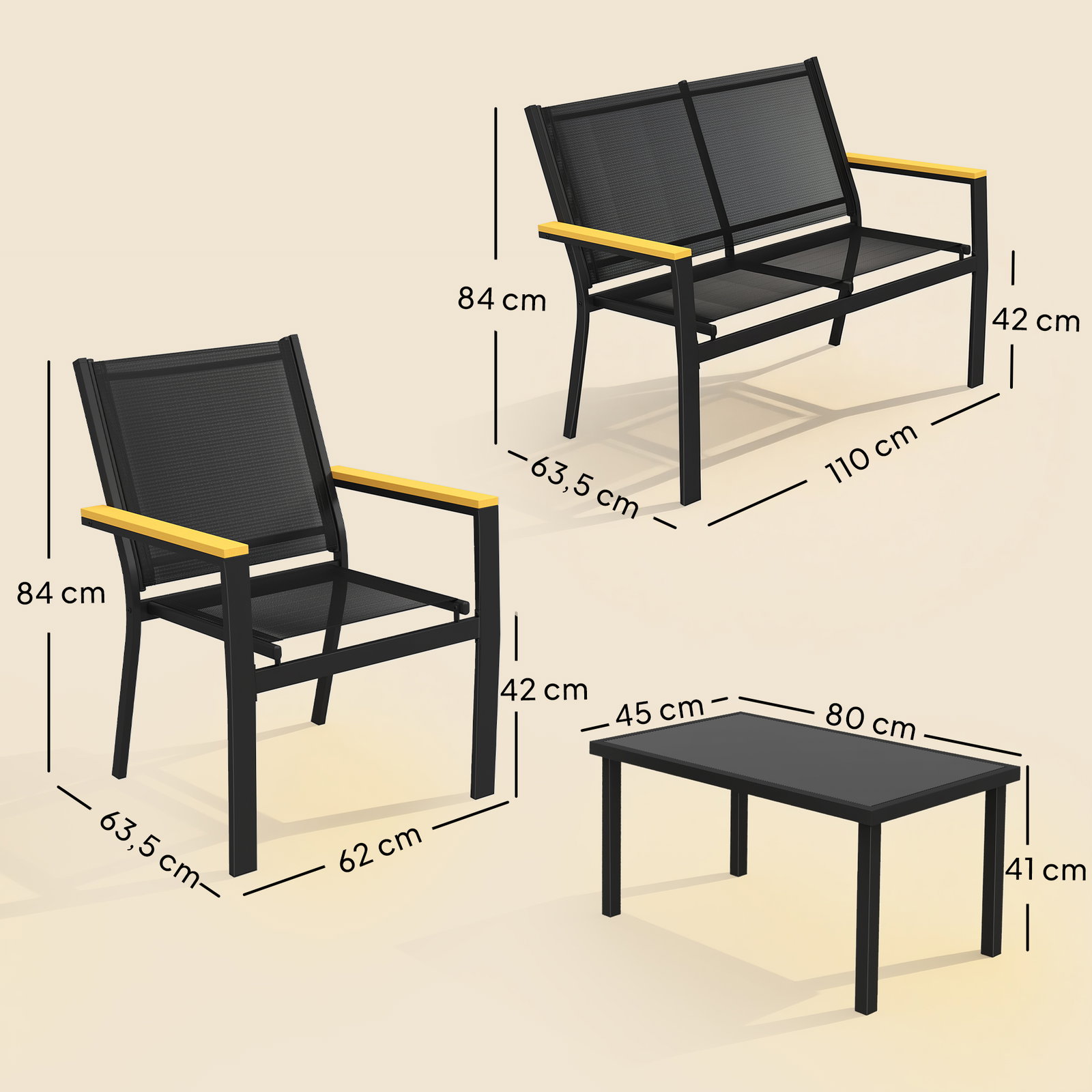 Conjunto de jardim exterior de 4 peças com sofá de 2 lugares 2 cadeiras e mesa de vidro temperado tecido textilene preto