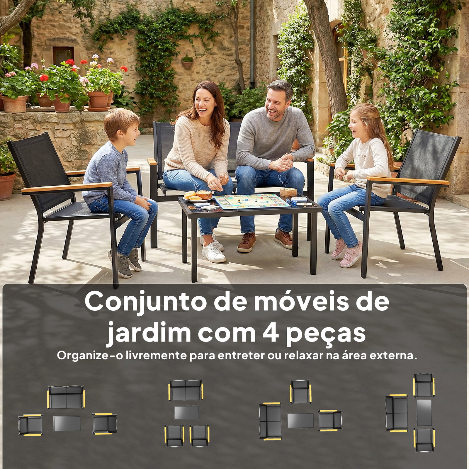 Conjunto de jardim exterior de 4 peças com sofá de 2 lugares 2 cadeiras e mesa de vidro temperado tecido textilene preto