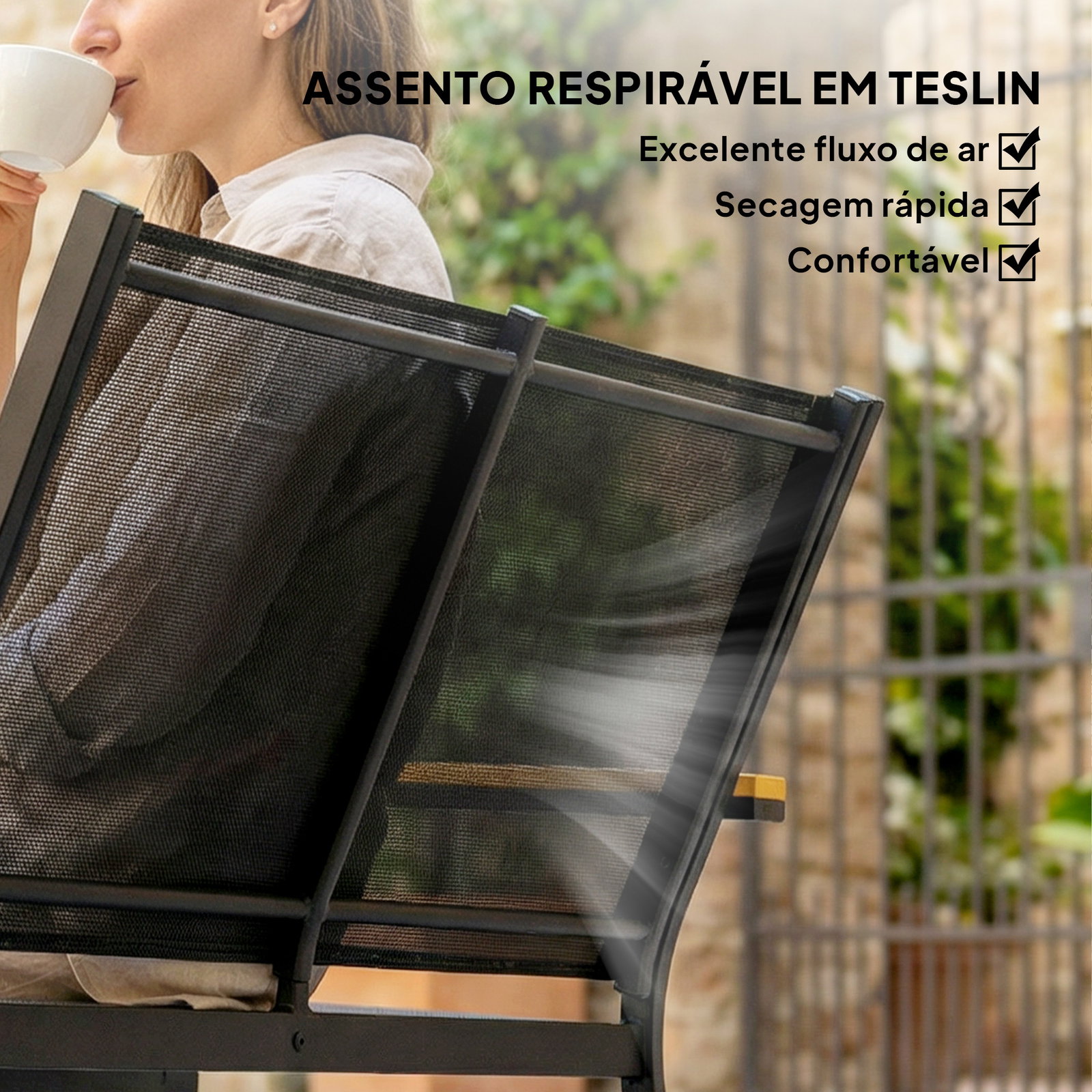 Conjunto de jardim exterior de 4 peças com sofá de 2 lugares 2 cadeiras e mesa de vidro temperado tecido textilene preto