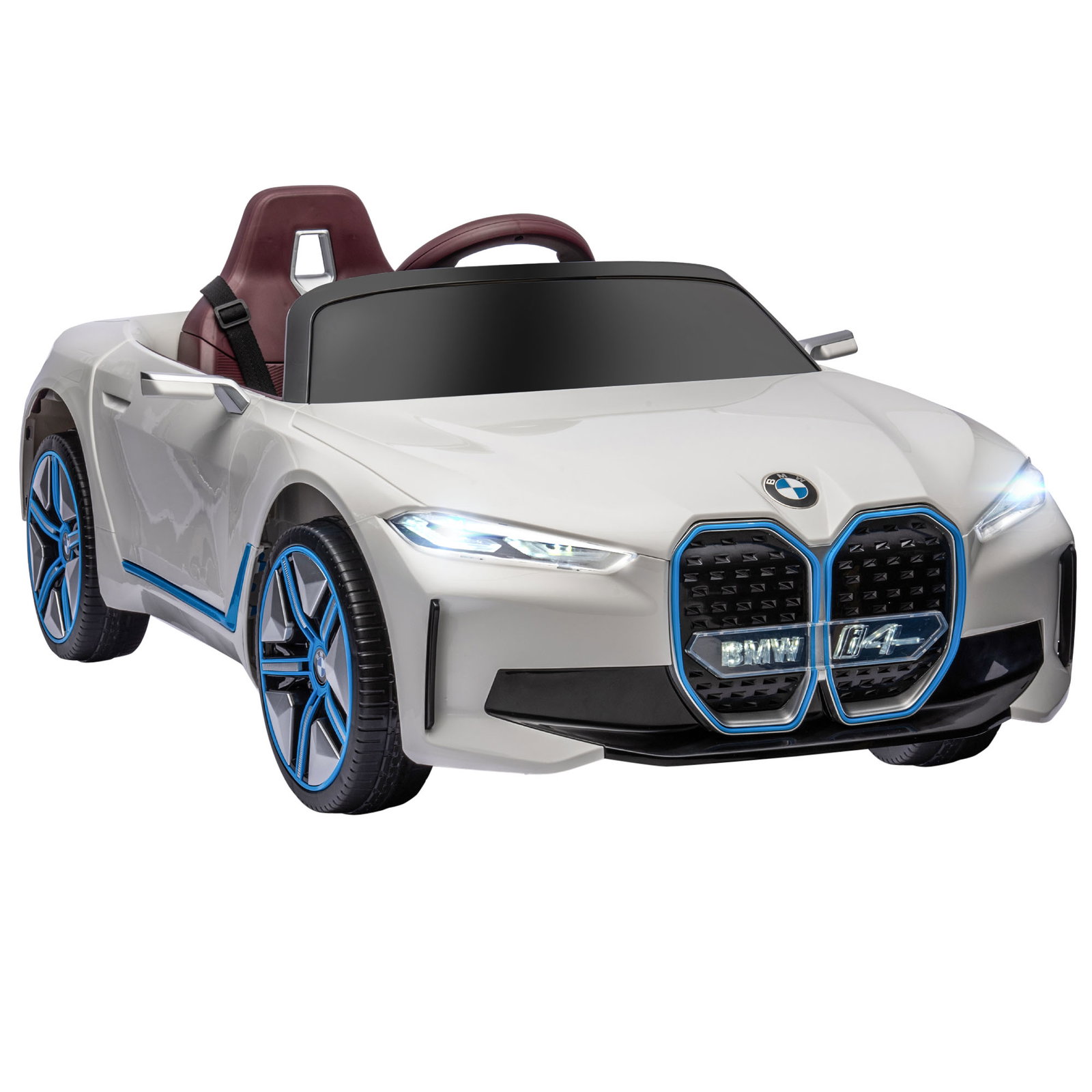 Carro elétrico para crianças bmw i4 12v com controlo remoto música mp3 ecrã luzes e cinto de segurança 115x67x45 cm branco