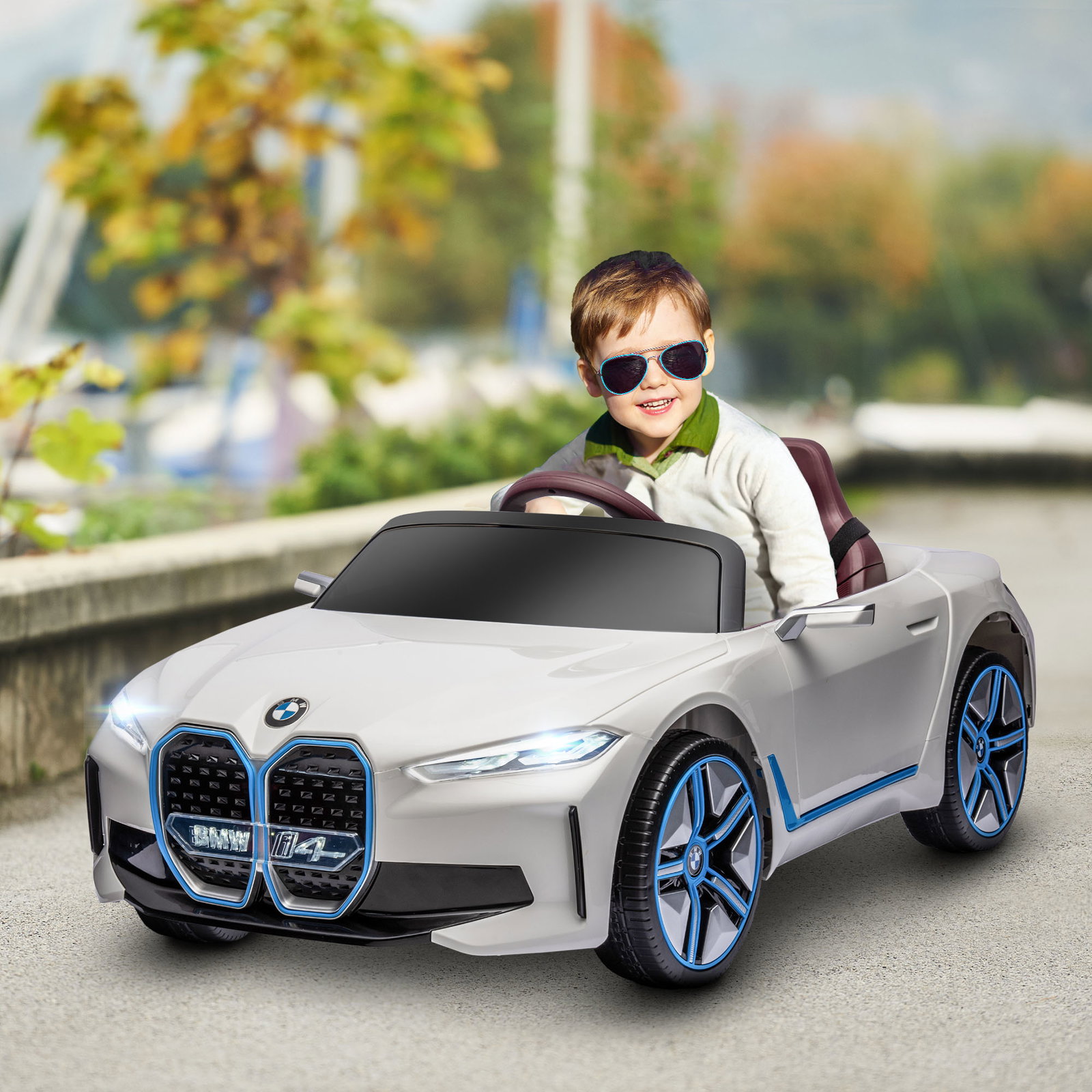 Carro elétrico para crianças bmw i4 12v com controlo remoto música mp3 ecrã luzes e cinto de segurança 115x67x45 cm branco