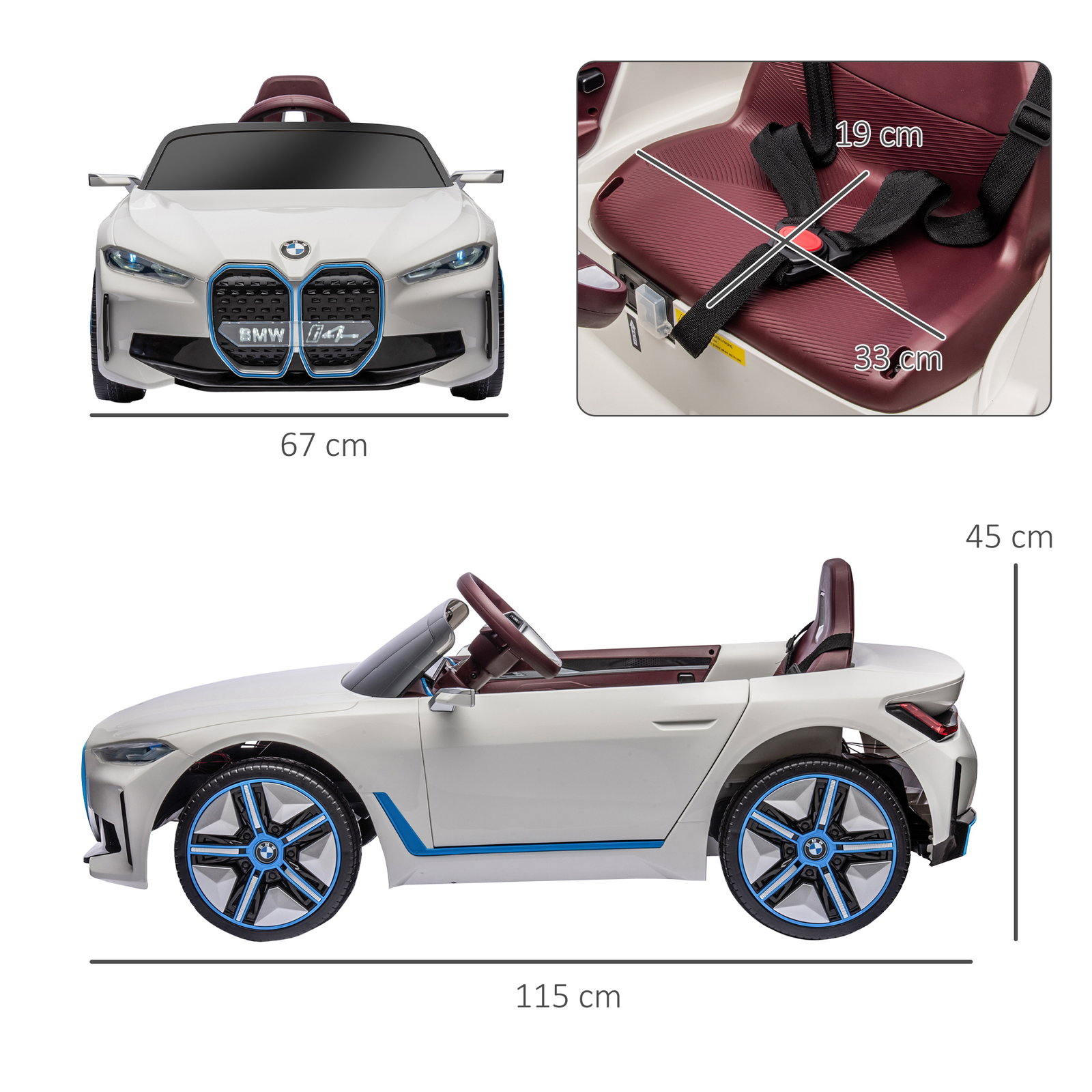 Carro elétrico para crianças bmw i4 12v com controlo remoto música mp3 ecrã luzes e cinto de segurança 115x67x45 cm branco