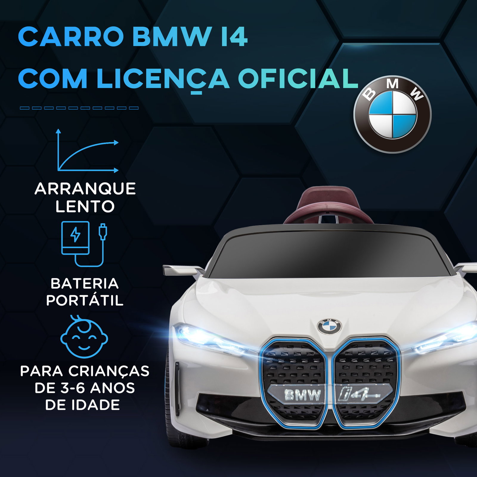 Carro elétrico para crianças bmw i4 12v com controlo remoto música mp3 ecrã luzes e cinto de segurança 115x67x45 cm branco