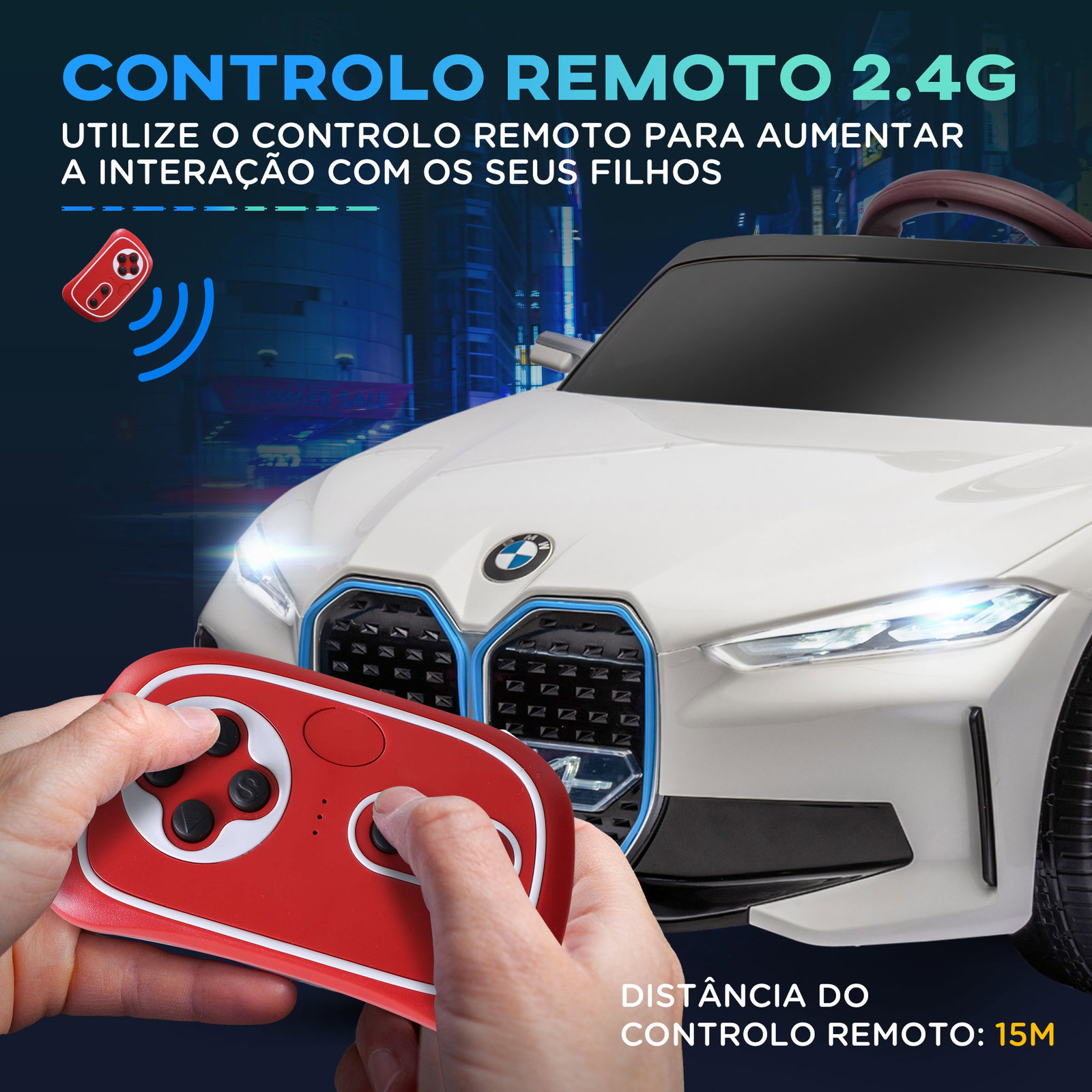 Carro elétrico para crianças bmw i4 12v com controlo remoto música mp3 ecrã luzes e cinto de segurança 115x67x45 cm branco