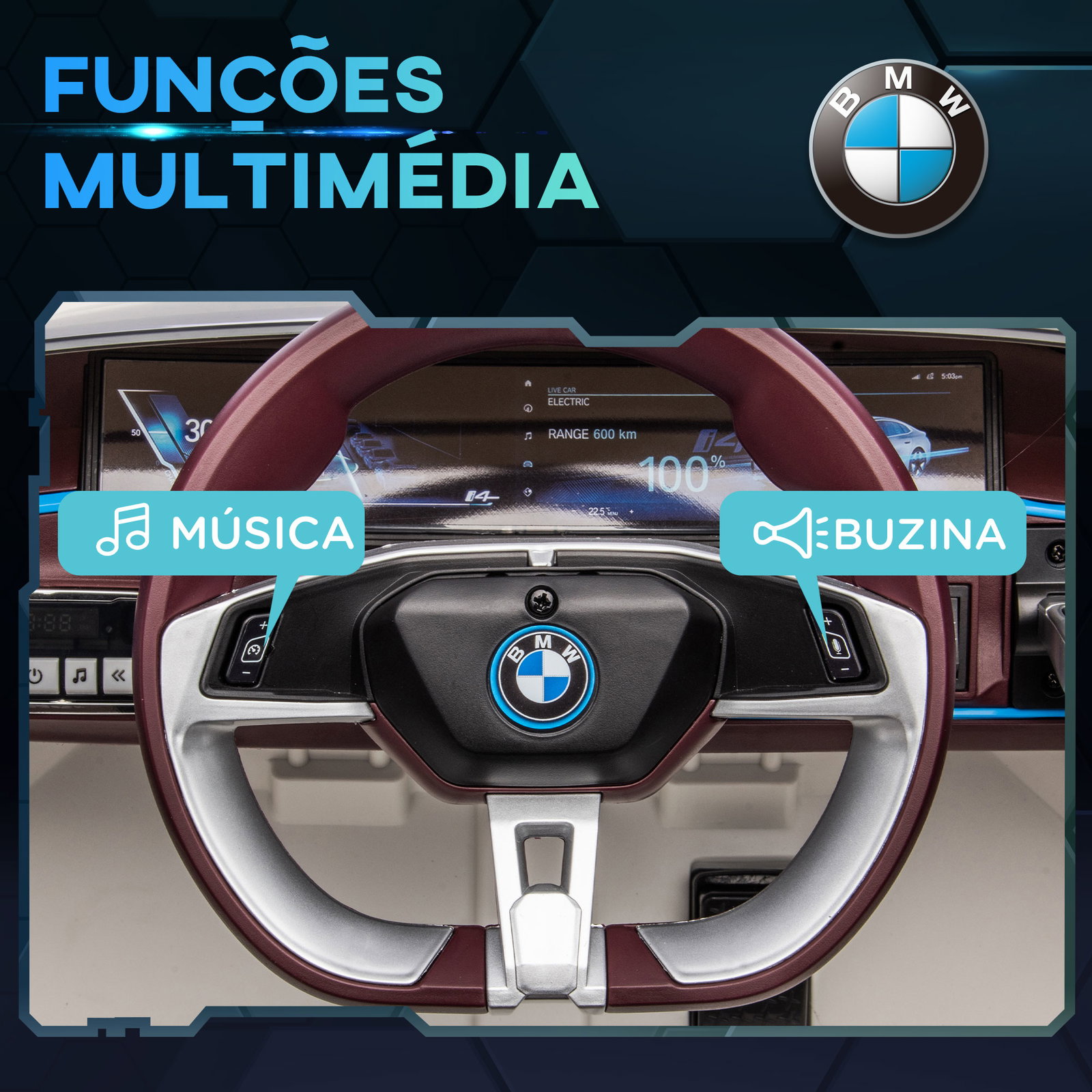 Carro elétrico para crianças bmw i4 12v com controlo remoto música mp3 ecrã luzes e cinto de segurança 115x67x45 cm branco