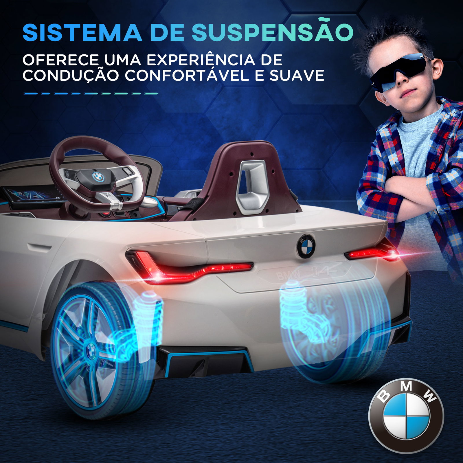 Carro elétrico para crianças bmw i4 12v com controlo remoto música mp3 ecrã luzes e cinto de segurança 115x67x45 cm branco