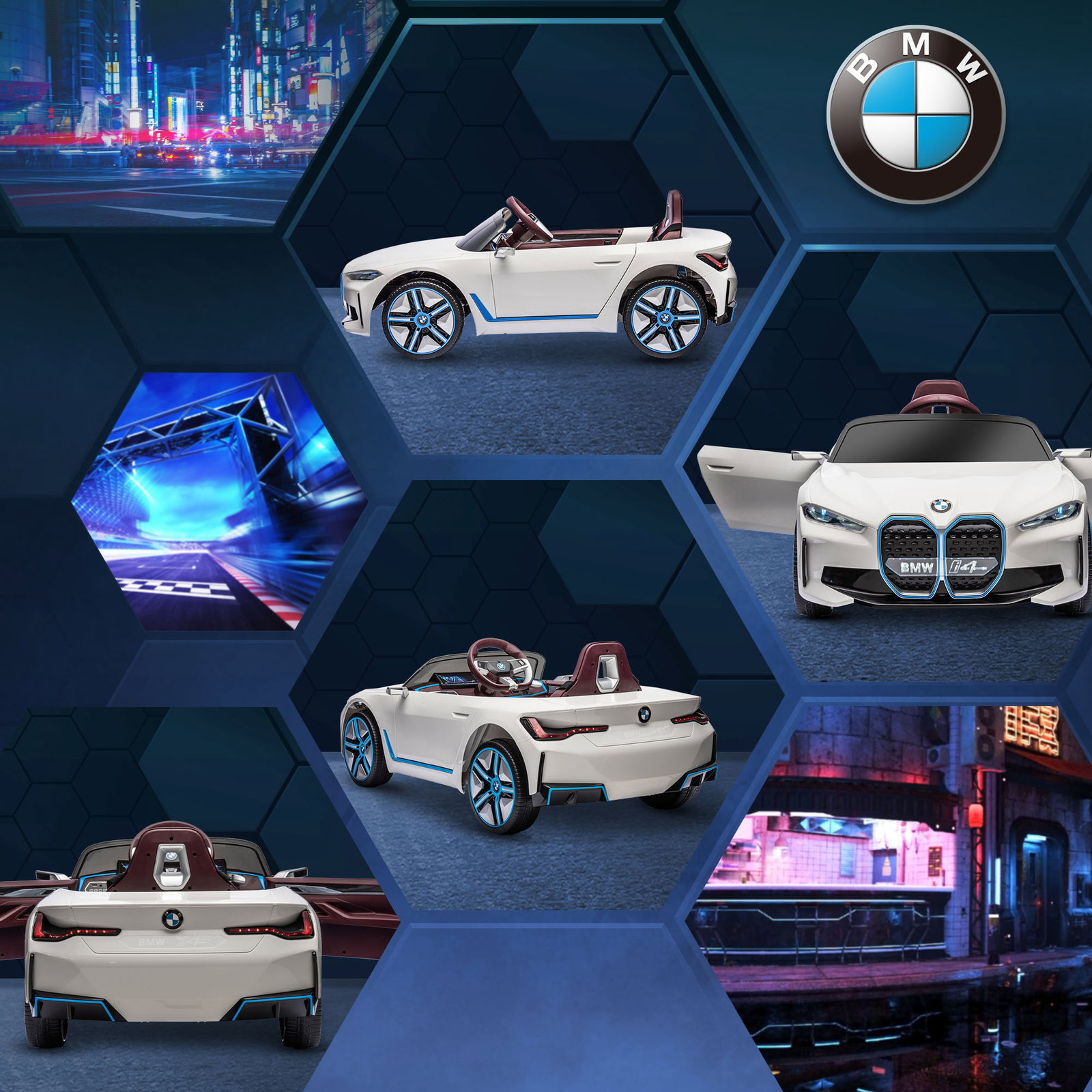 Carro elétrico para crianças bmw i4 12v com controlo remoto música mp3 ecrã luzes e cinto de segurança 115x67x45 cm branco