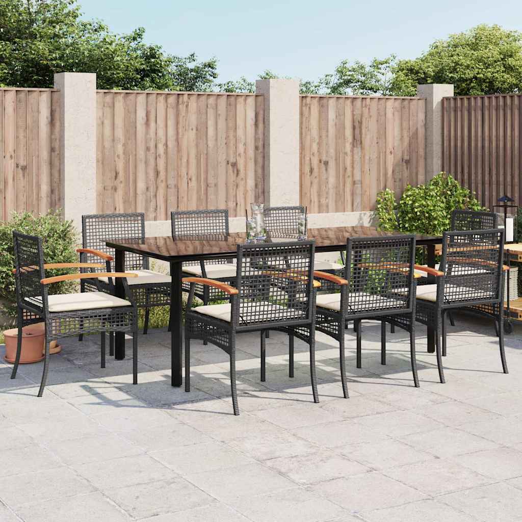 9 Pcs conjunto de jantar p/ jardim c/ almofadões vime PE preto