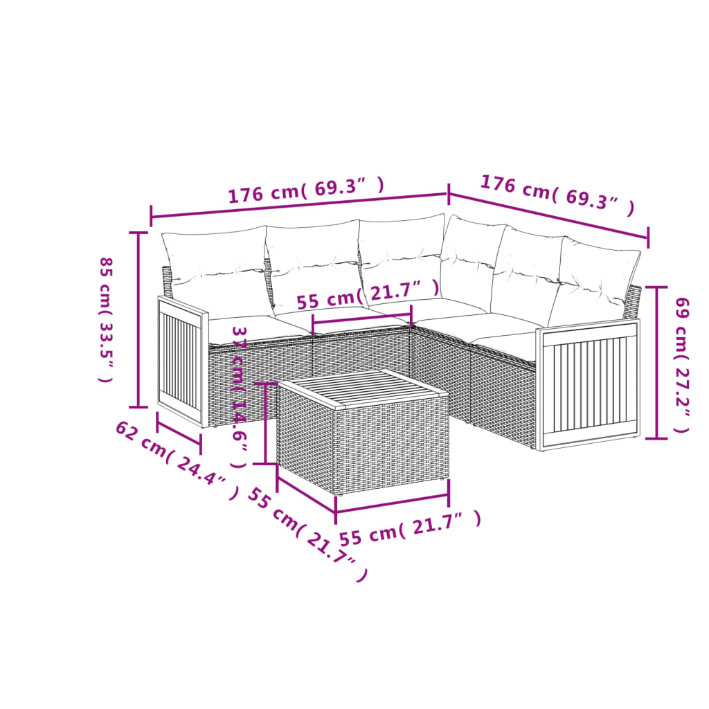 6 Pcs conjunto de sofás p/ jardim com almofadões vime PE bege