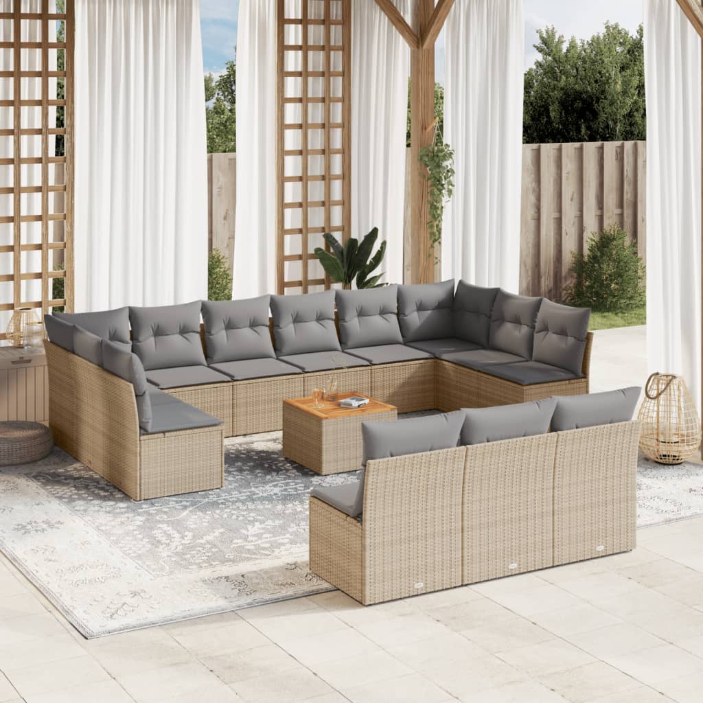 14 Pcs conjunto de sofás p/ jardim com almofadões vime PE bege