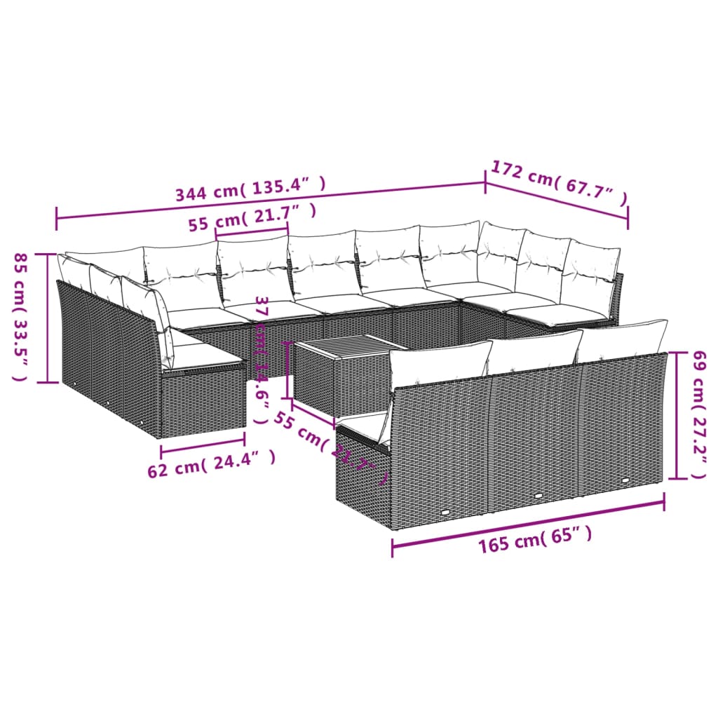 14 Pcs conjunto de sofás p/ jardim com almofadões vime PE bege